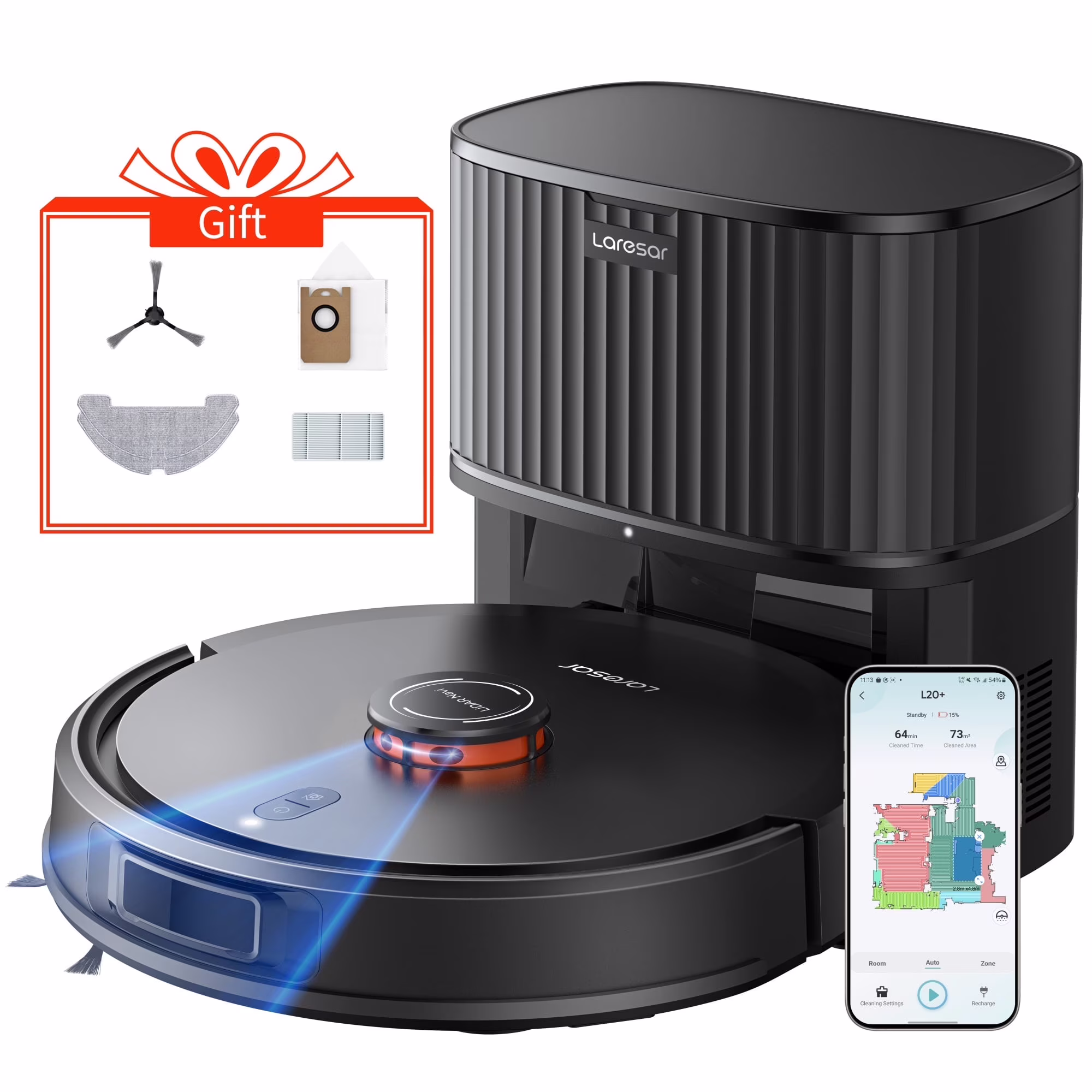Laresar L20+ Self Emptying Robot Vacuum and Mop Combo, 5000Pa LDS Laser Navigation Auto-Empty Dustbin, 150min Runtime Smart Mapping 3-in-1 Sweep Mop Vacuum for Hard Floor/Carpet
