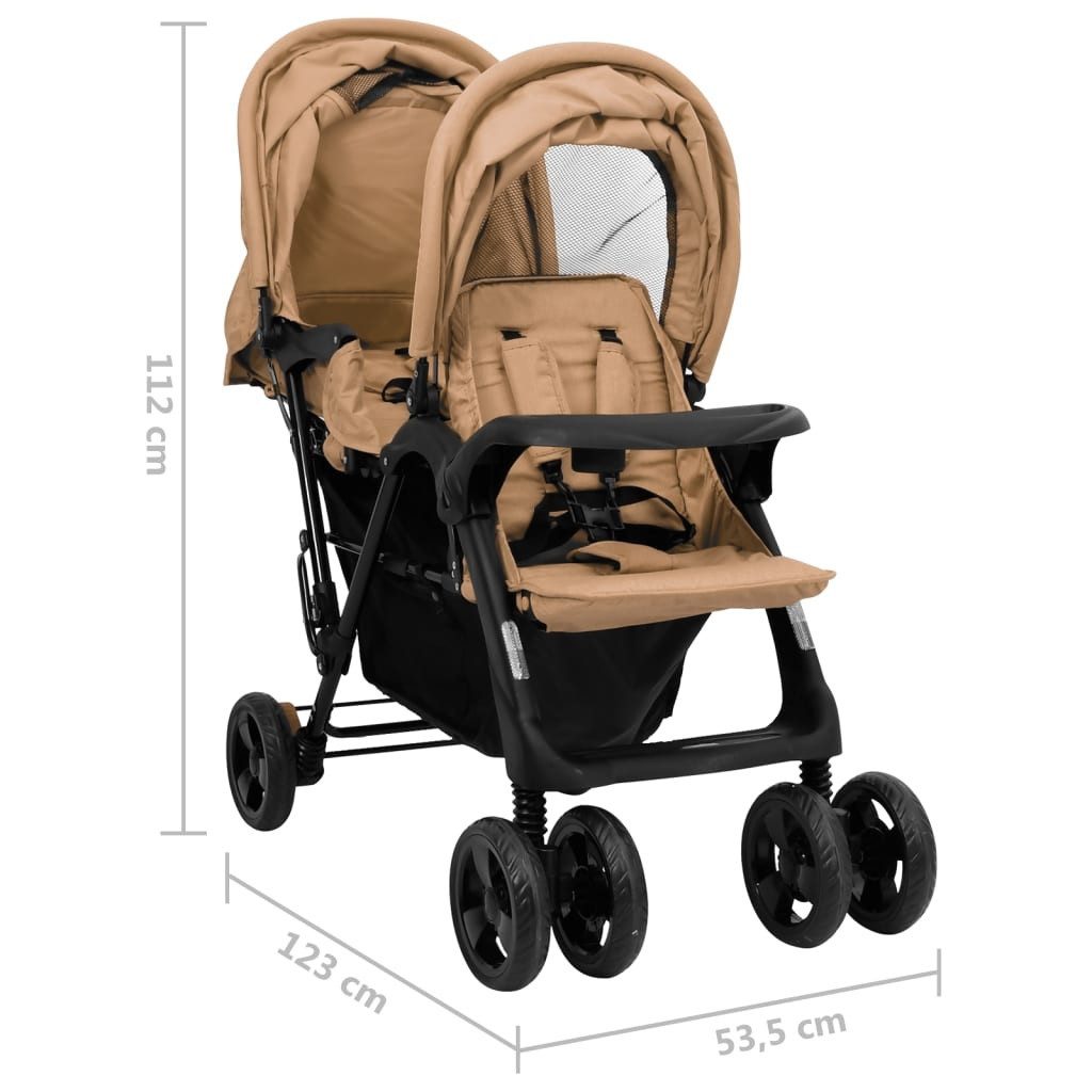Geschwisterwagen aus Stahl, Leinen in Taupe und Schwarz
