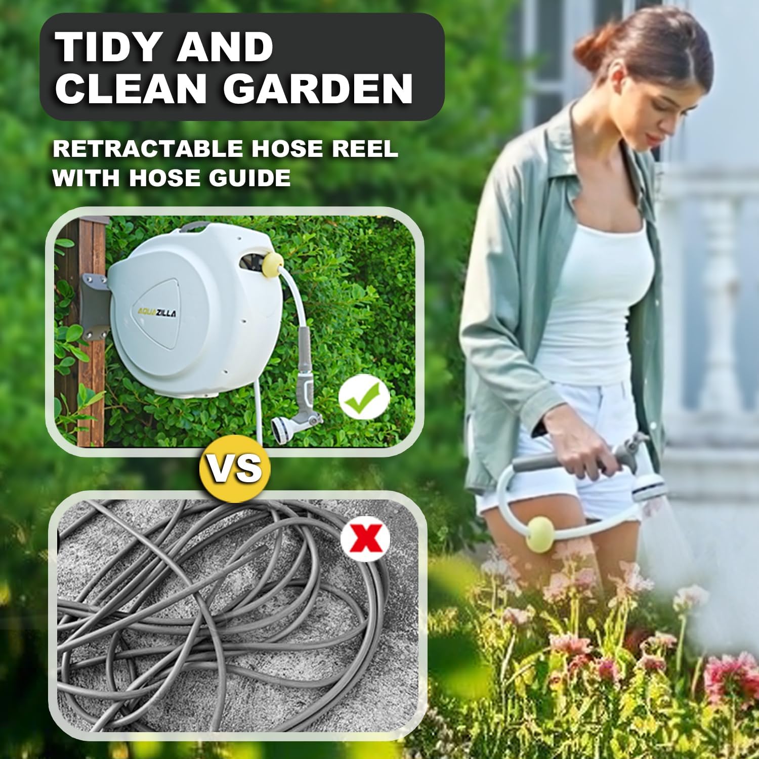 Retractable Garden Hose Reel  5/8 in 100+6 ft  Heavy Duty Wall Mounted Water Hose Reel  Spring Power Automatic Rewind  Any Length Lock  180° Swivel Bracket  10 Pattern Spray Nozzle