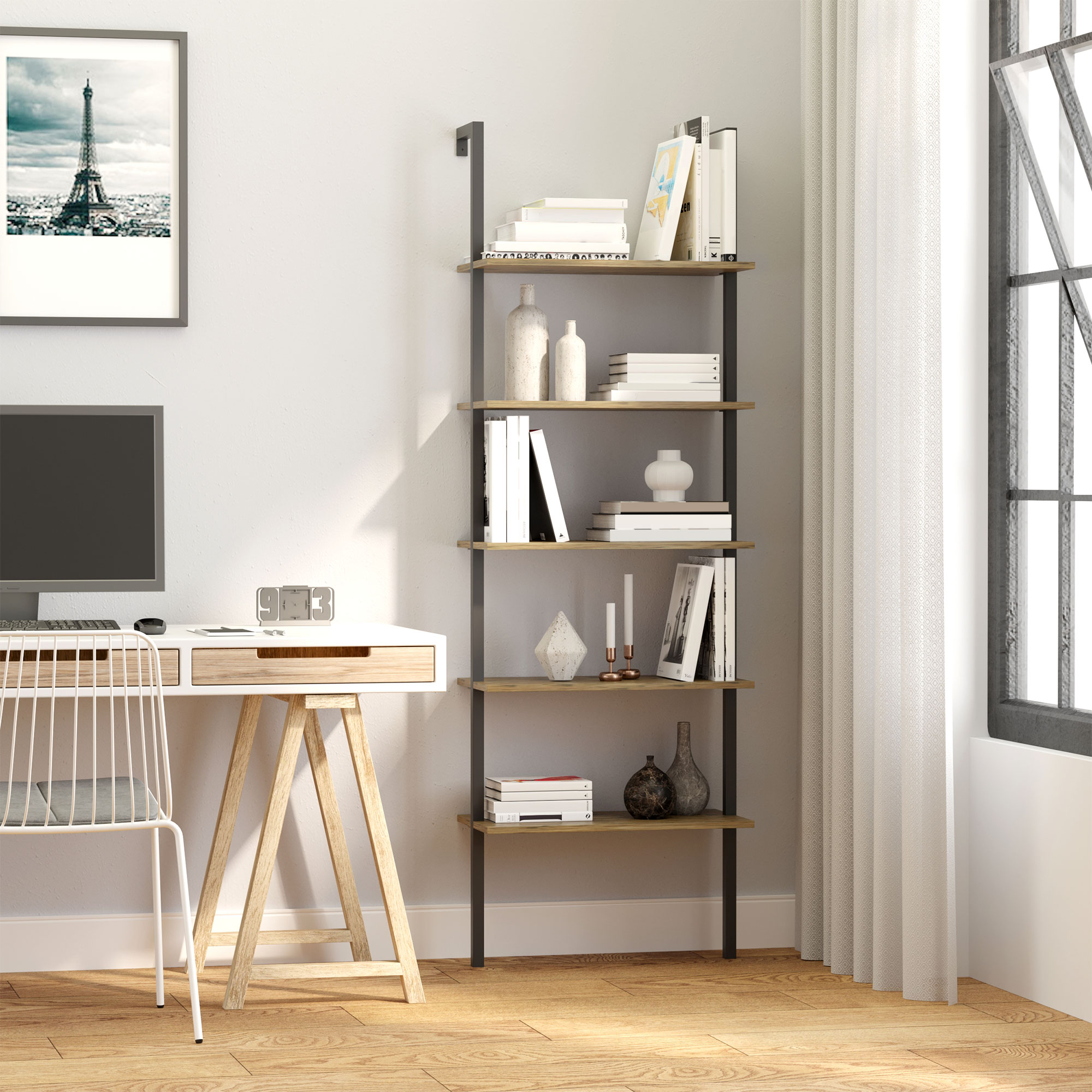 HOMCOM Leiterregal mit 5 Regalen im industriellen Stil aus Holz und Metall, 60x30x184,5cm, Braun