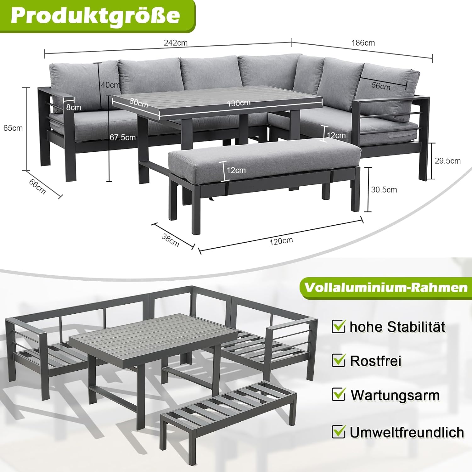 Atenza Aluminium Gartenlounge Set 6-8 Personen, Ecklounge Gartenmöbel-Set mit Ecksofa, Tisch und Sitzbank, Outdoor Lounge mit Sitz- und Rückenkissen für Garten, Terrasse, Balkon (Grau)
