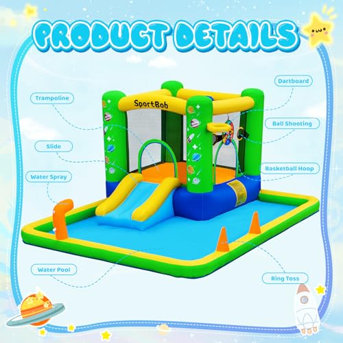 SportBob Castello Gonfiabile con Ventilatore 381 ×292 ×180 cm,Castello Gonfiabile per Bambini Scivolo d'Acqua con la Pistola ad Acqua, Salto, Cerchio da Basket Verde : Amazon.it: Giochi e giocattoli