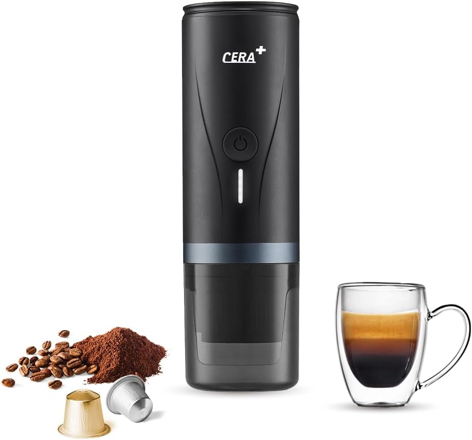 CERA+ Macchina per caffè espresso portatile elettrica con auto-riscaldamento in 3-4 minuti, mini macchina per il caffè da 20 bar con batteria ricaricabile. Compatibile con capsule NS e macinato