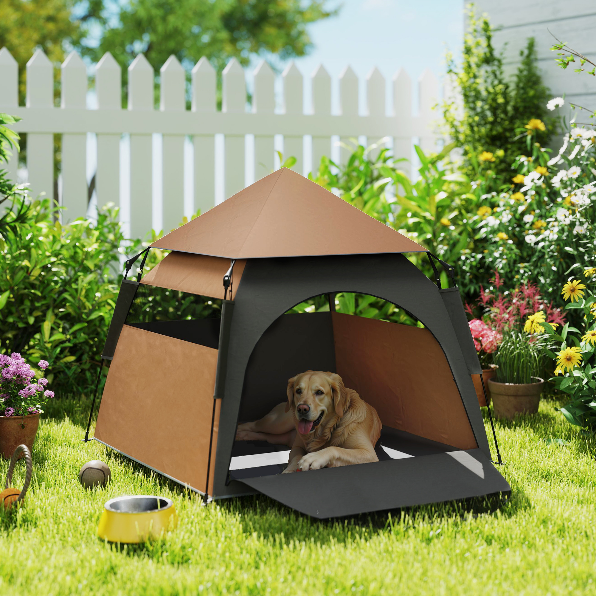 PawHut Haustierzelt, Hundezelt, klappbar, wetterbeständig, Hundehütte, für große Hunde, Dunkelbraun