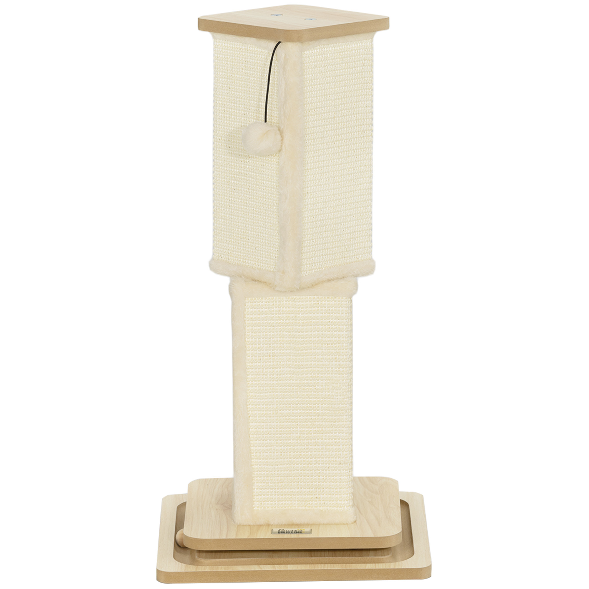 PawHut 3-in-1-Kratzbaum mit Spielschiene, Spielball, Sisal, bis 5 kg, 34 x 34 x 67 cm, Eiche/Creme