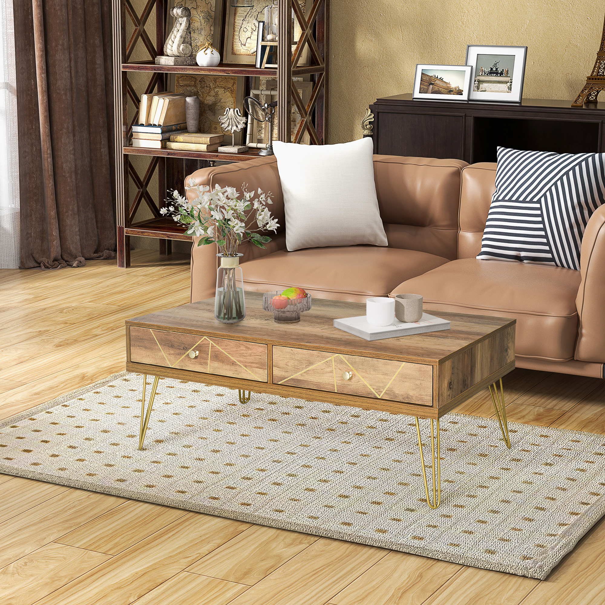 HOMCOM Couchtisch aus Holz Wohnzimmertisch Große Tischplatte und 2 Schubladen Luxuriöses Design Elegante Dekoration mit Handgemalten Goldenen Linien 110L x 59B x 42H cm Braun