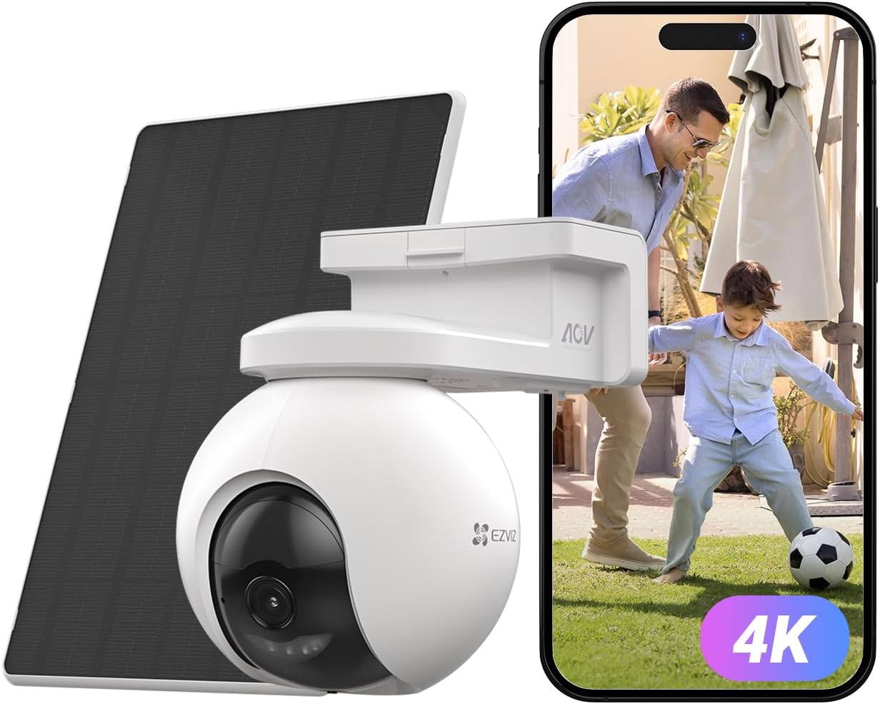 EZVIZ 8MP Telecamera WiFi Senza Fili per Esterni con Pannello Solare da 5W, Rilevamento di Persone/Veicoli, Telecamera Solare per Esterni a 360°, Modalità AOV, Difesa Attiva, CB8 Pro 4K Kit