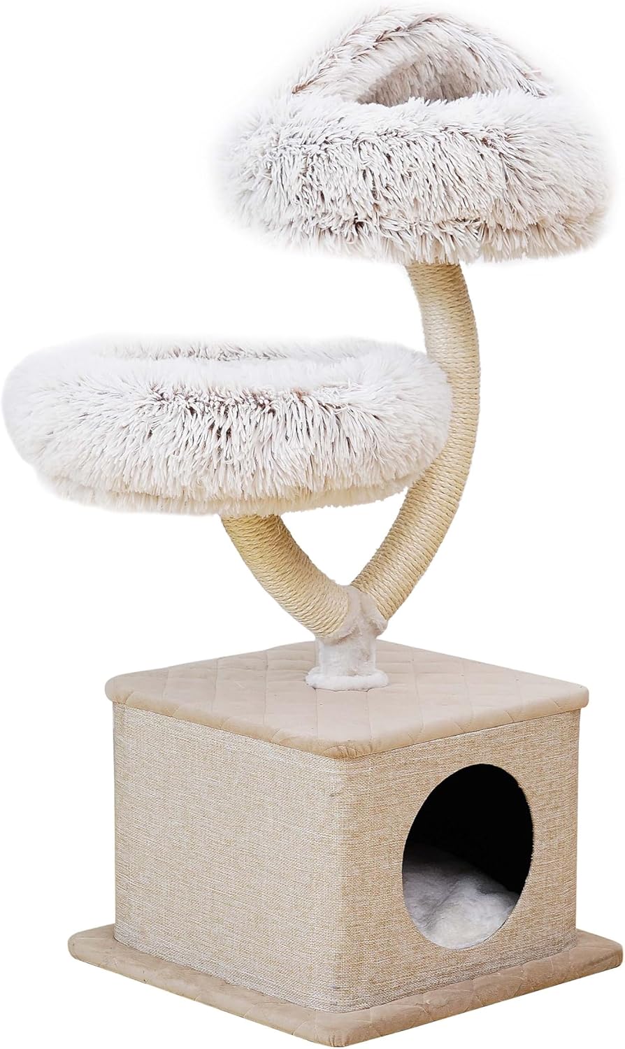 Fudajo Designer Kratzbaum in Zweigdesign 130 cm hoch, Katzenkratzbaum mit Plüsch und Sisal, Kletterbaum für Katzen, Katzenbaum mit Hängeliege