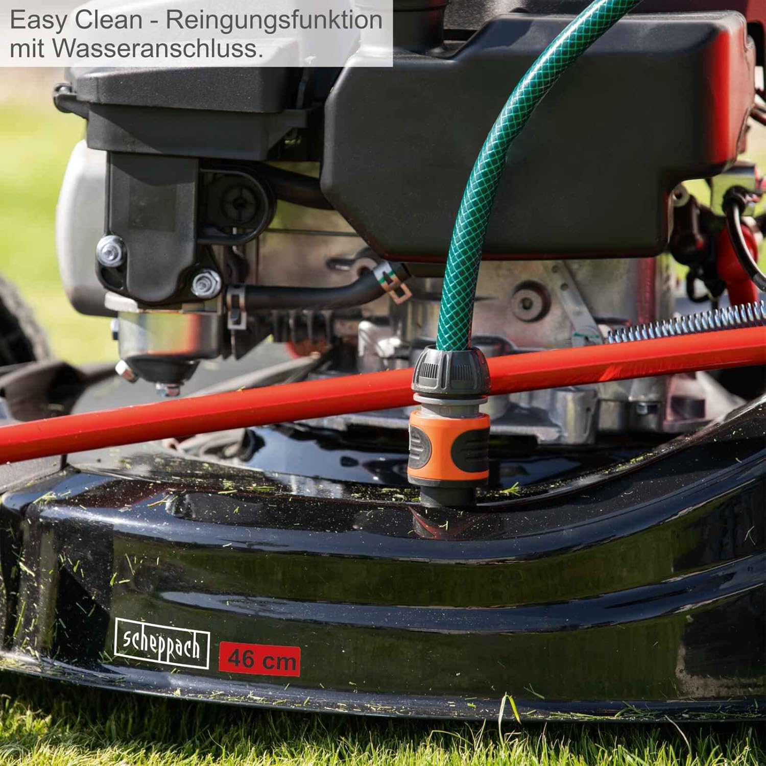 Scheppach MS150-46E Benzin Rasenmäher mit E-Start | 46cm Schnittbreite | Reinigungsfunktion | 55 Liter Fangkorb | Stahlgehäuse | 7-stufige Höhenverstellung | Mulchfunktion | Radantrieb | Seitenauswurf