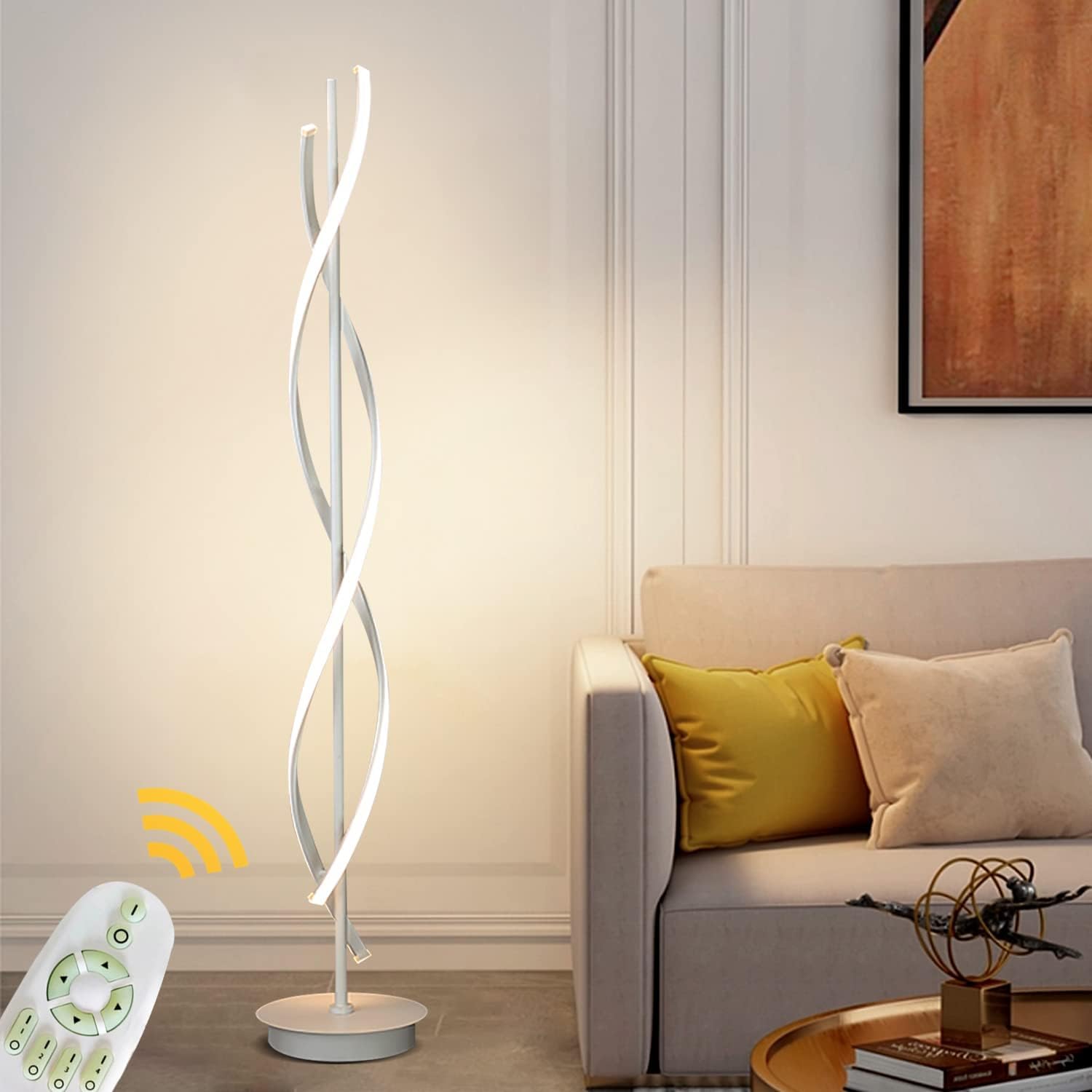 LED Living Room Floor Lamp, 52 W Floor Lamp Dimmable with Remote Control, 155 cm Modern Spiral Design Floor Lamp for Bedside Table Bedroom Office Reading (White)