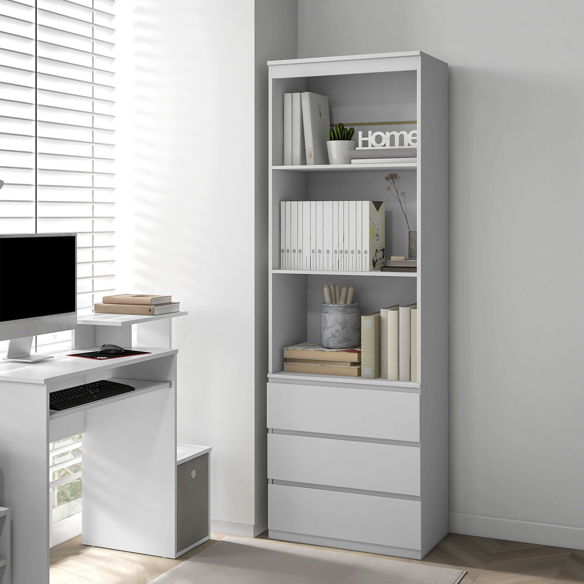 HOMCOM Bücherregal 180 cm hoch mit 3 Regalen und 3 Schubladen 60 x 35 x 180 cm weiß