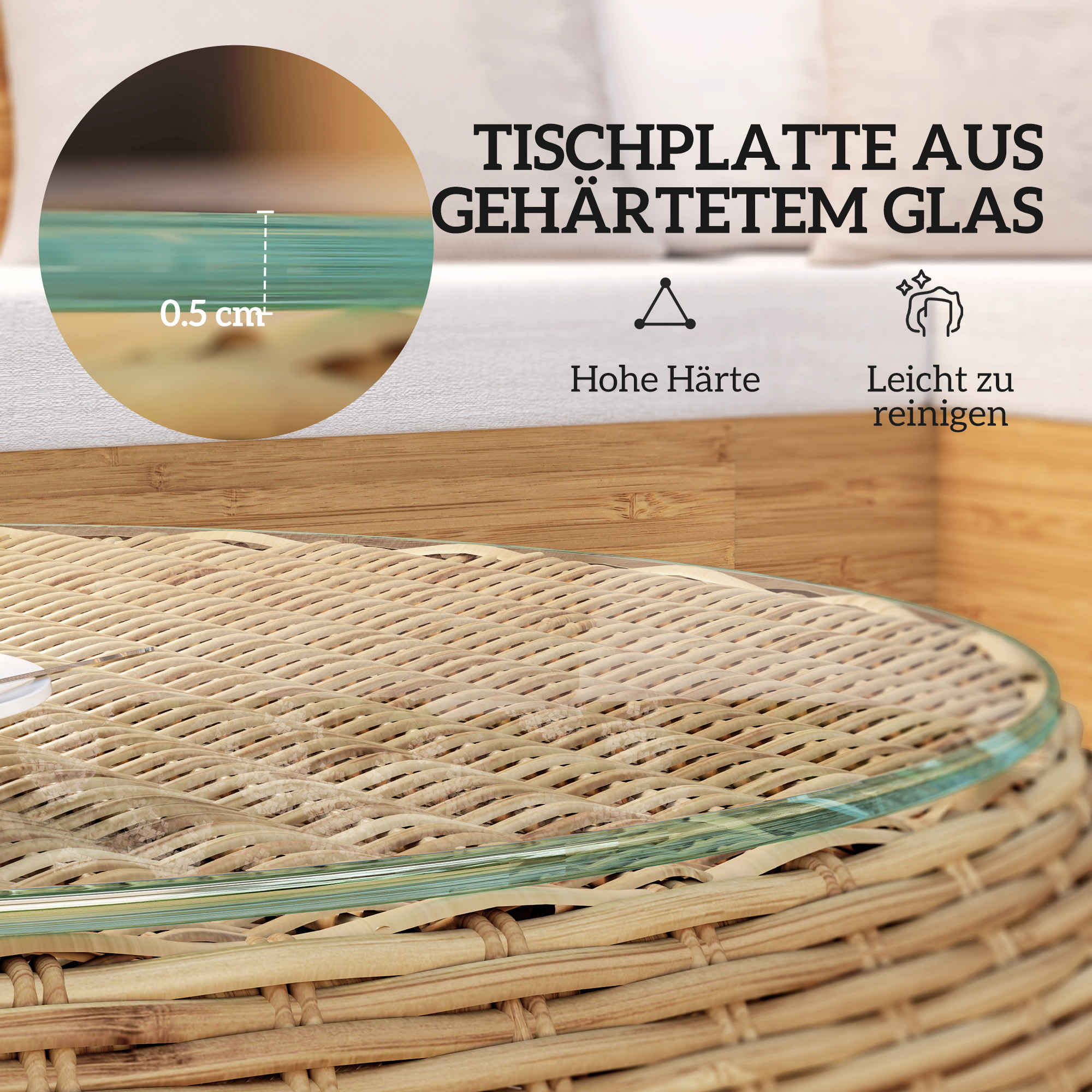 Polyrattan Bijzettafel met Glazen Tafelblad ?75 x 42 cm - Bruin