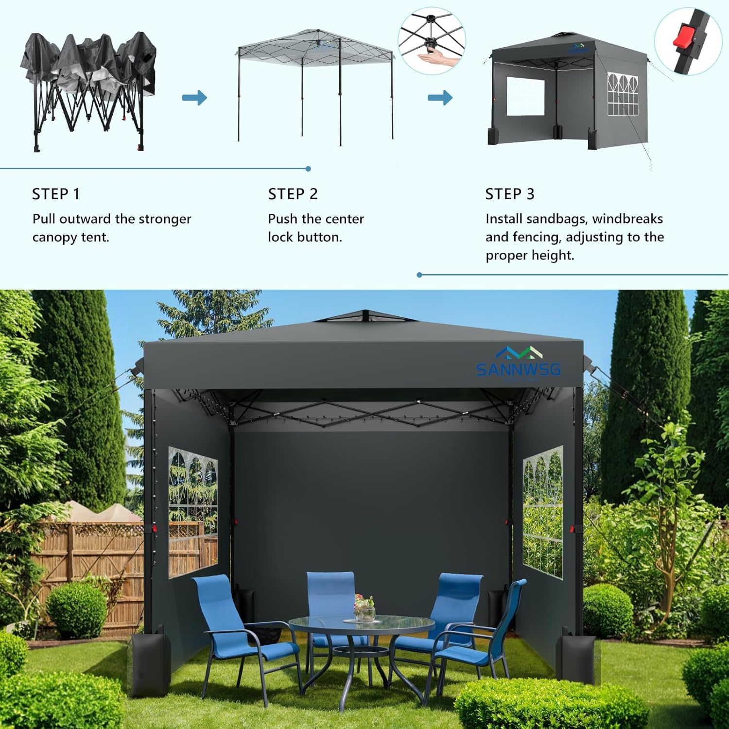 10X10 Pop Up Canopy Tent with 3 Sidewalls Easy Up Canopy Commercial Instant Shelter Heavy Duty One Person Set Up Event Tent Gray