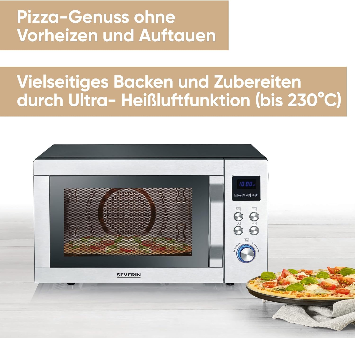SEVERIN Mikrowelle mit Grill und Heißluftfunktion 3-in-1, zum Auftauen, Garen und Erhitzen, Mikrowelle mit Drehteller, Edelstahl-gebürstet/silber, MW 7774