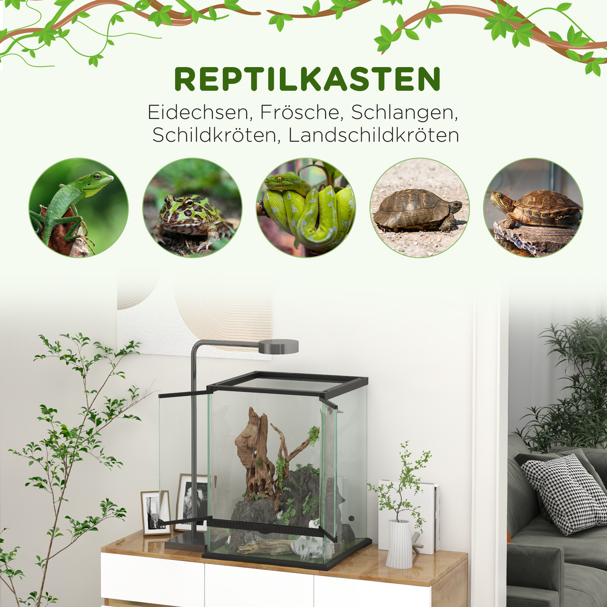 Afsluitbaar Terrarium, Glazen Behuizing, Kabelbeheer, 45x45x60cm, Zwart