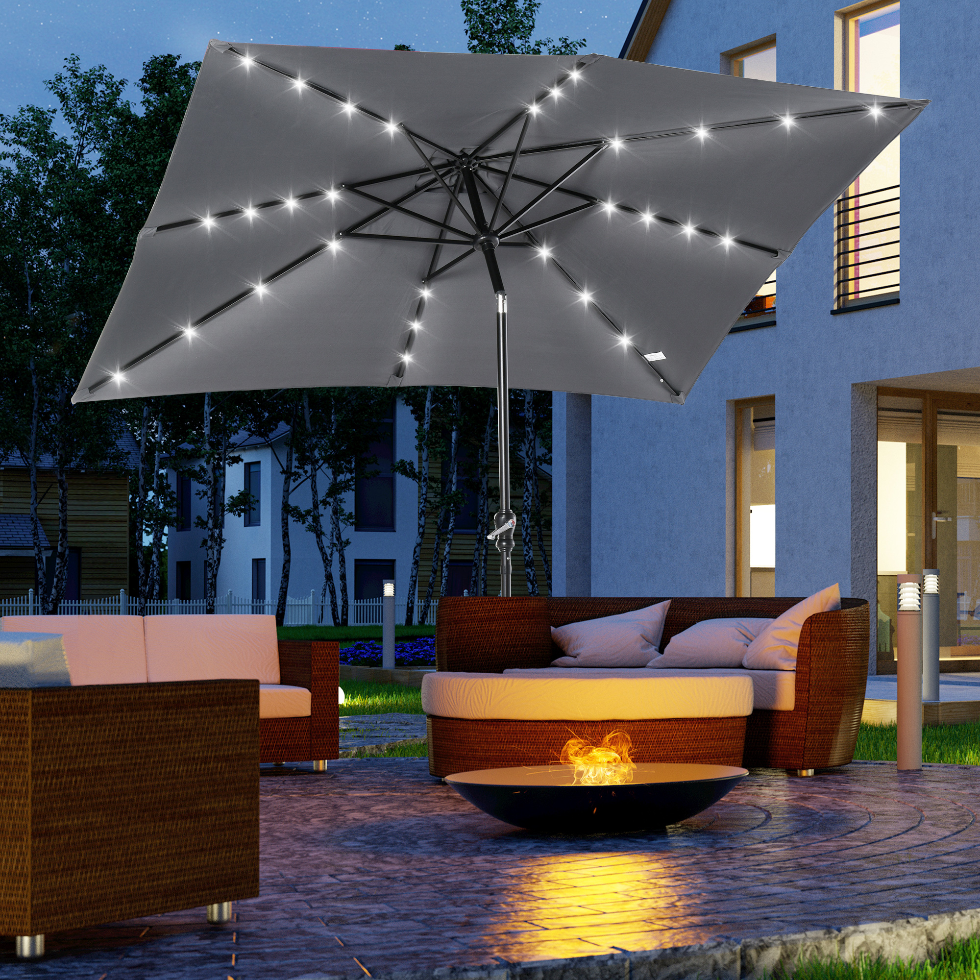 Outsunny Garten Sonnenschirm Gerader 3 x 2 m rechteckig neigbar mit LED-Solarbeleuchtung Stahl hochdichtes Polyester Grau
