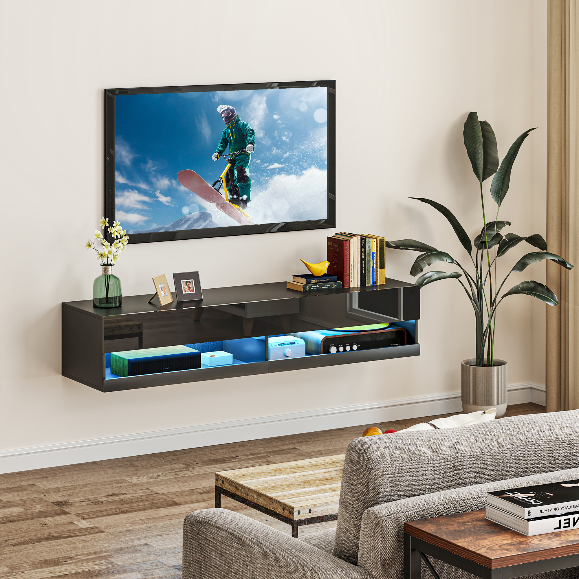HOMCOM TV-Möbel wandmontiertes TV-Bank mit LED im modernen Stil - Schränke mit 2 Klappstüren und 2 Kabeldurchführungen aus Holz