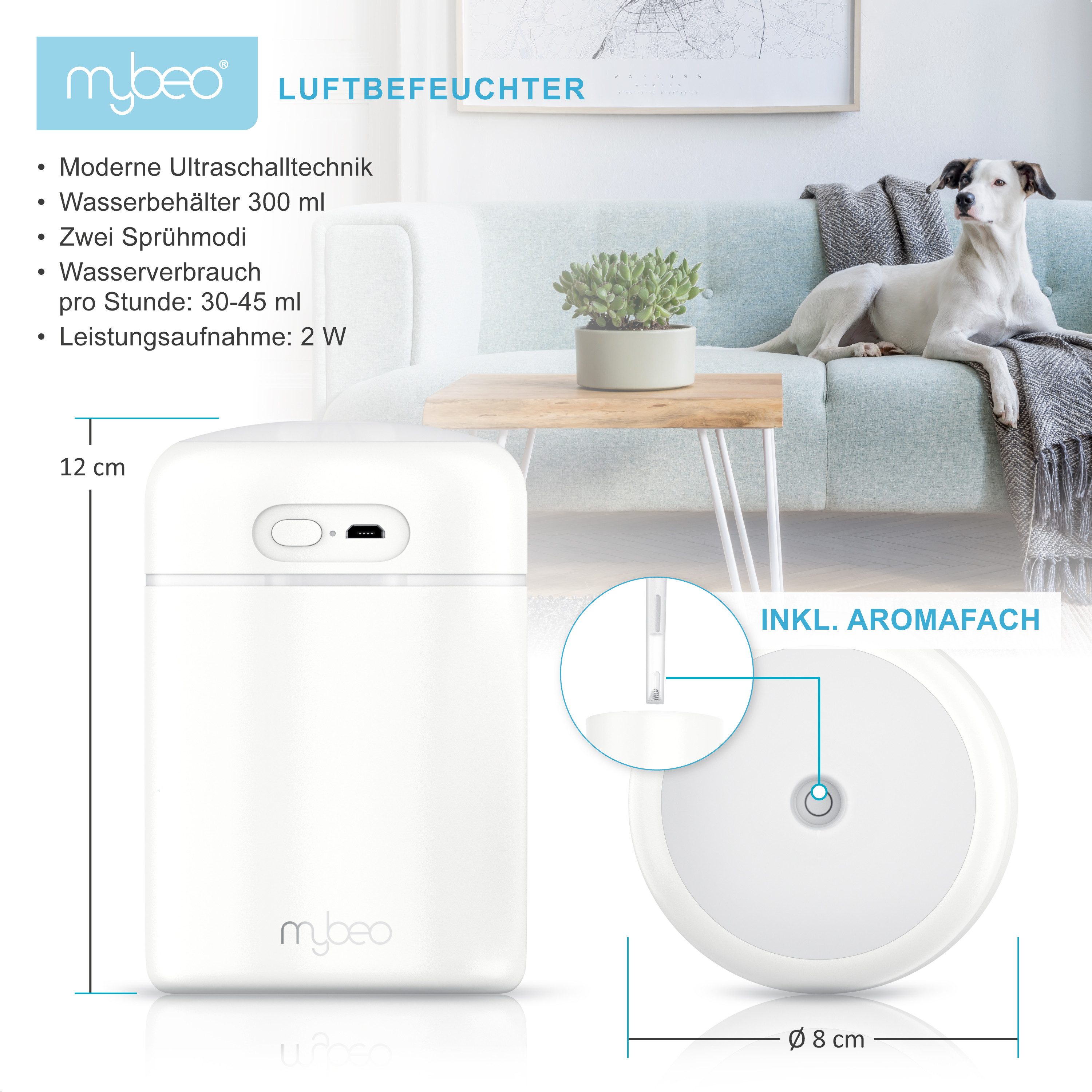 Luftbefeuchter Mini mit Aromadiffusor, 300 ml, 2 Sprühmodi, LED-Farben