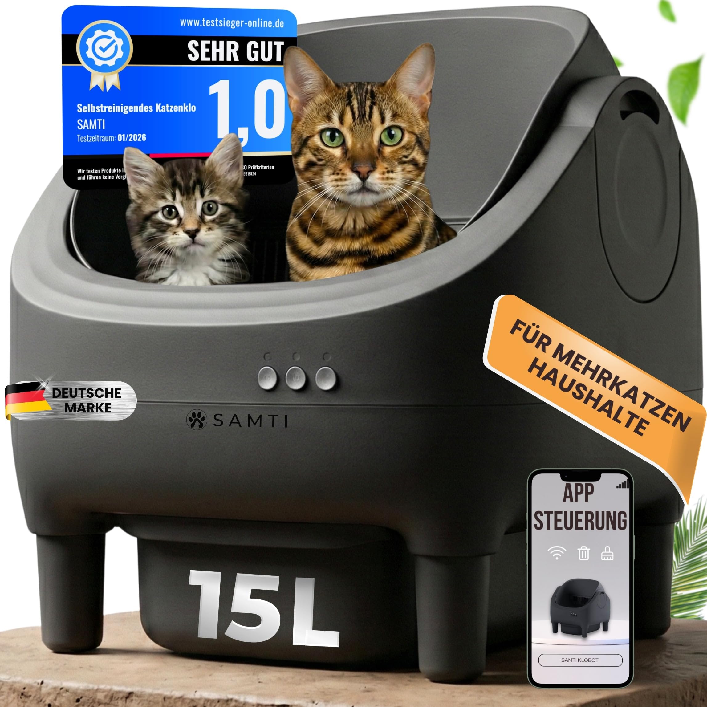 Selbstreinigendes Katzenklo XXL mit 15-Liter-Behälter und App-Steuerung, offenes elektrisches Katzenklo für Mehrkatzen-Haushalte