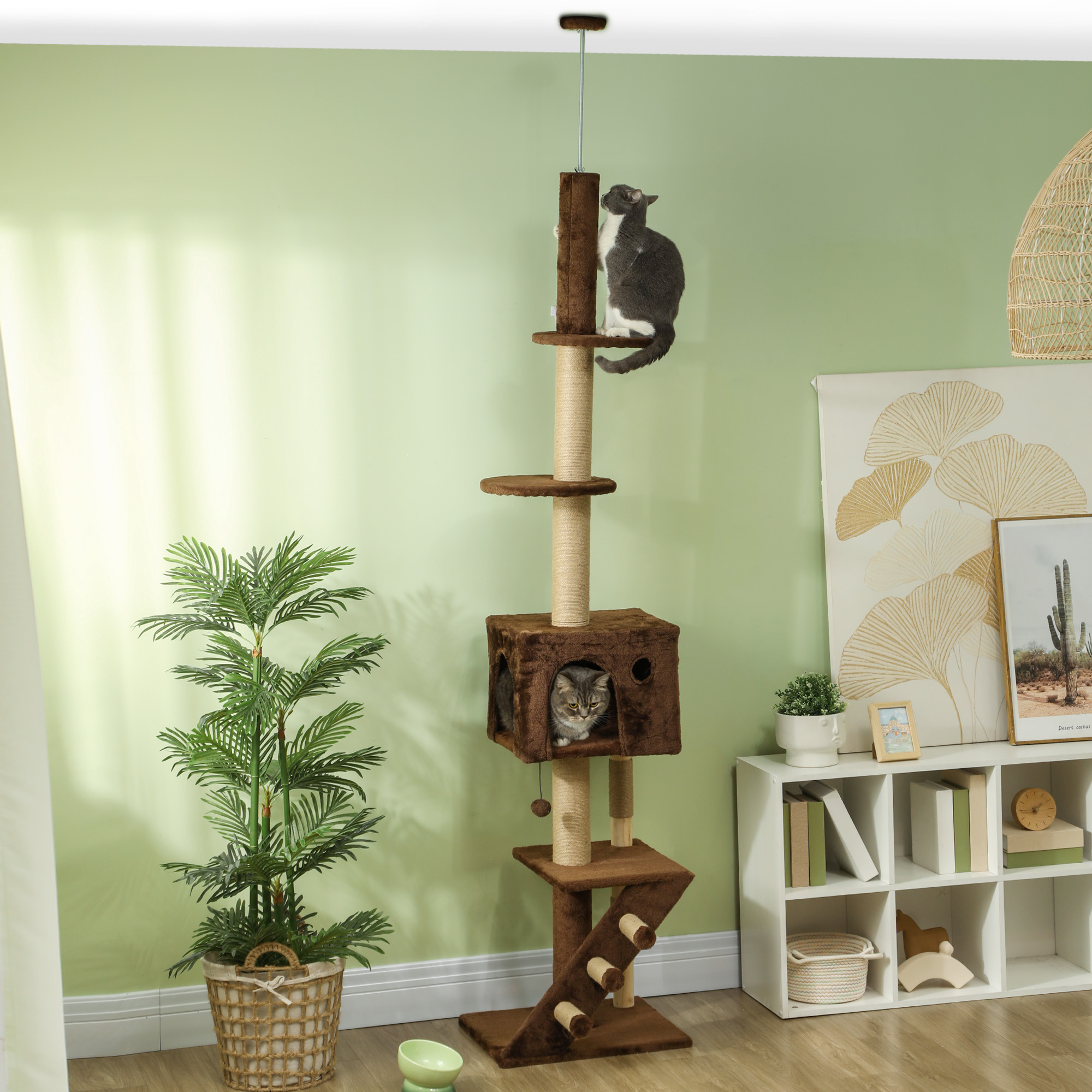 PawHut Kratzbaum, deckenhoch, verstellbar 225-265cm, mit Katzenhöhle, Leiter, Plattformen, Plüsch, Braun