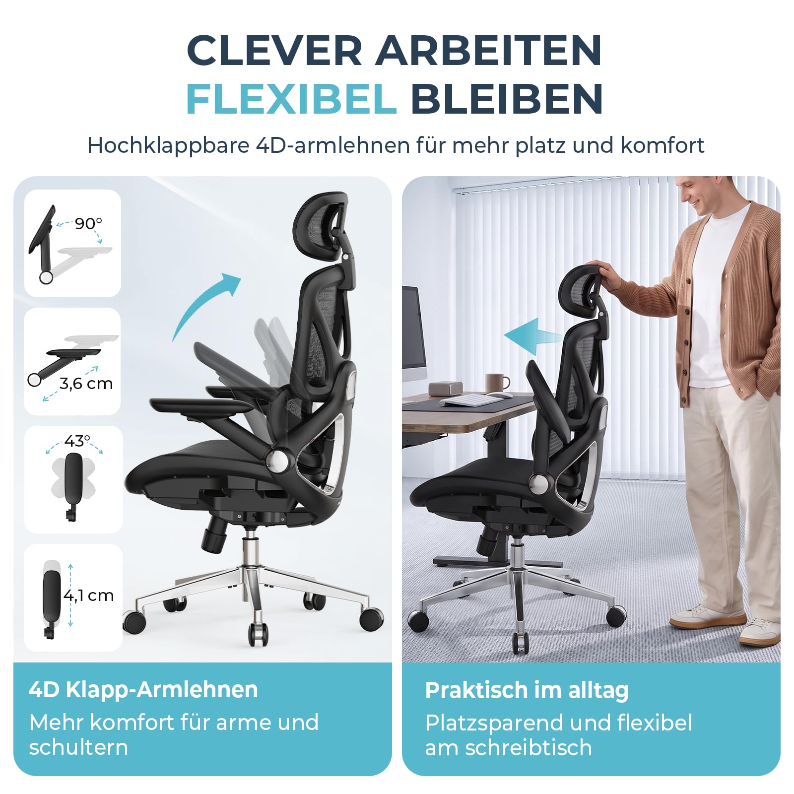 Ergonomischer Bürostuhl mit Netzstoff, hoher Rückenlehne und 3D-Kopfstütze, bis 159 kg, mit 4D-Klapparmlehnen und PU-Rollen