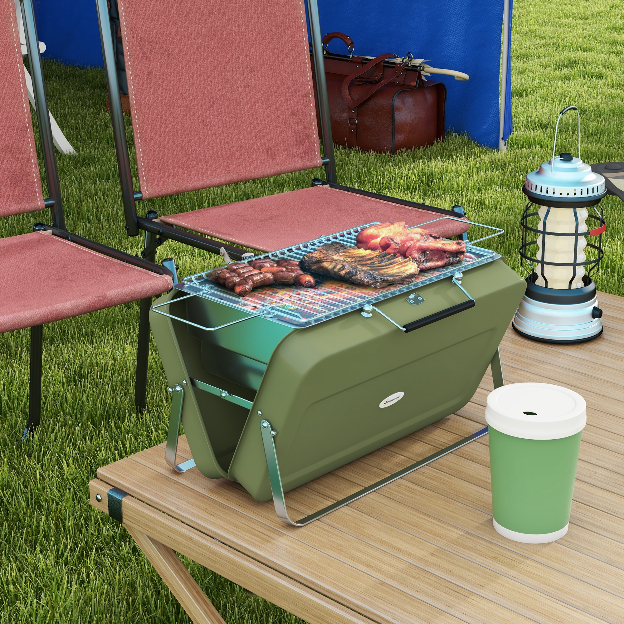 Outsunny Koffergrill, Mini-Kohlegrill, klappbar, mit Kohleschale und Ascheauffangschale, Metallgehäuse, Grün