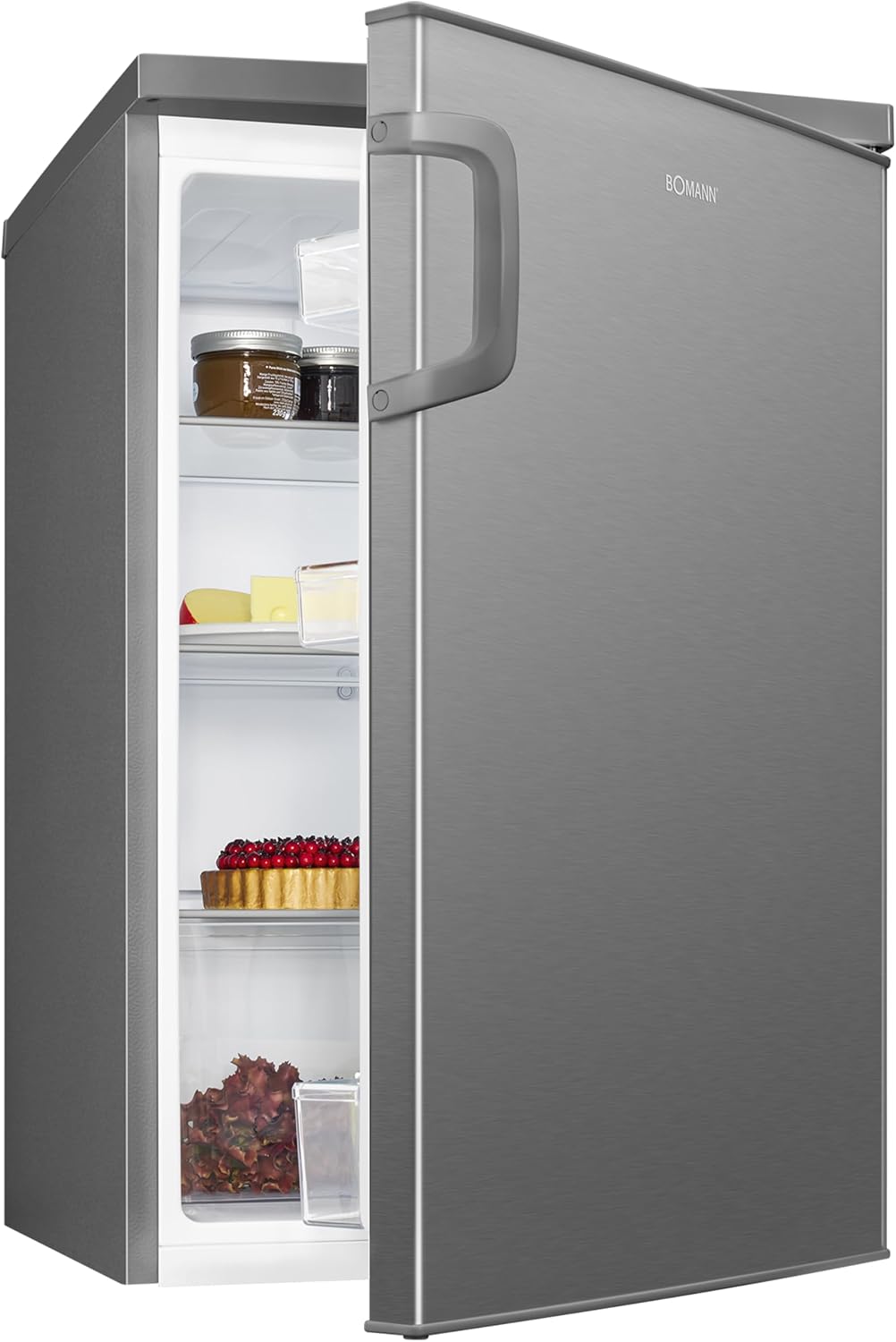 Bomann® Kühlschrank ohne Gefrierfach | Energieklasse D | 85cm | leise 39dB | 3 Ablagen | Türanschlag wechselbar | 133L | Kühlschrank klein mit Gemüsefach | Standardkühlschrank | VS 2195.1 inox