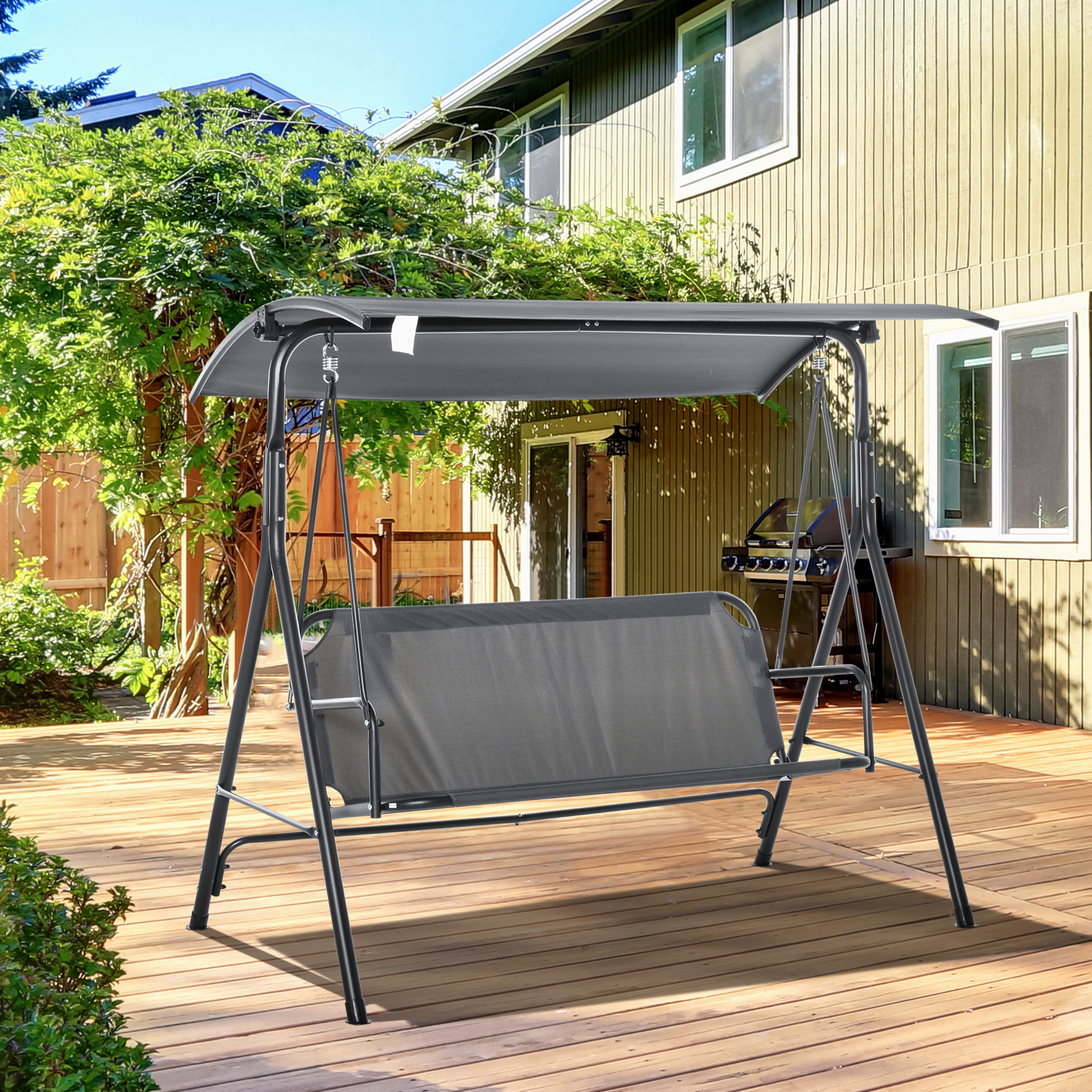 Outsunny 3-Sitzer-Schaukelbank mit Verstellbarem Verdeck und Kissen, aus Stahl und Polyester, 172x110x153 cm, Grau