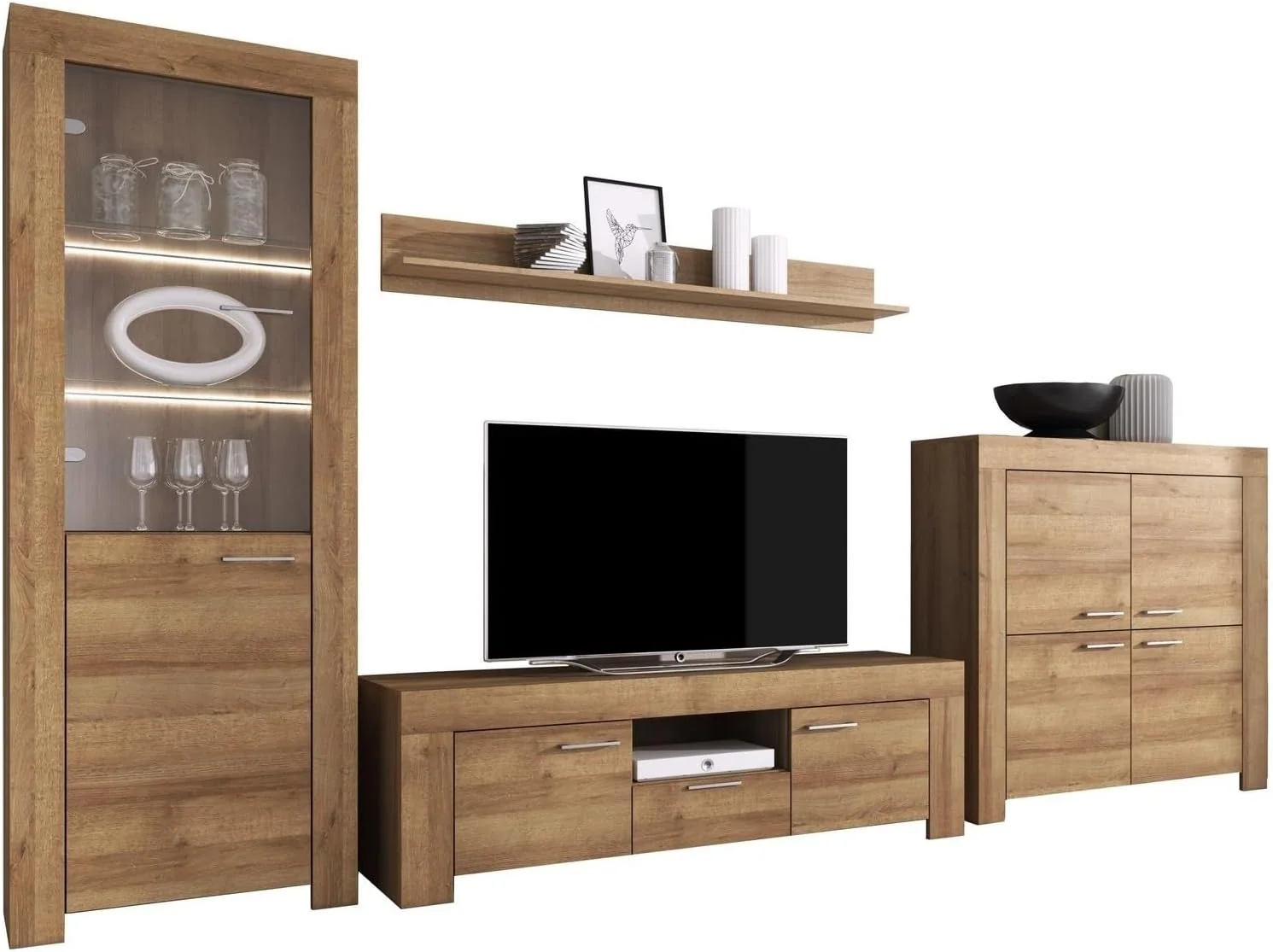 Furniture24 Wohnwand Anbauwand Sky, Tv Schrank Vitrine mit LED Beleuchtung Hängeregal Kommode (Riviera Eiche)