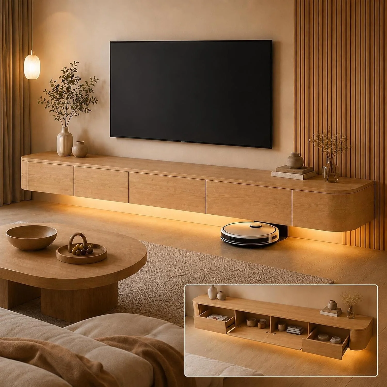 Schwebendes TV-Lowboard 180 cm, wandmontiert mit Stauraum, Holzfarben