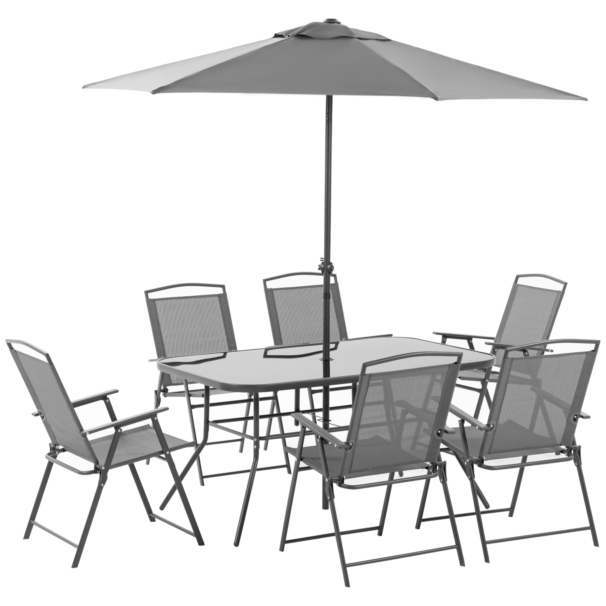 Outsunny Gartenmöbel-Set 8-teilig mit großem Sonnenschirm, Tisch Abm. 140L x 90B x 70H cm und Klappstühlen für 6 Personen - Epoxidharzstahl Textilen Polyester Grau