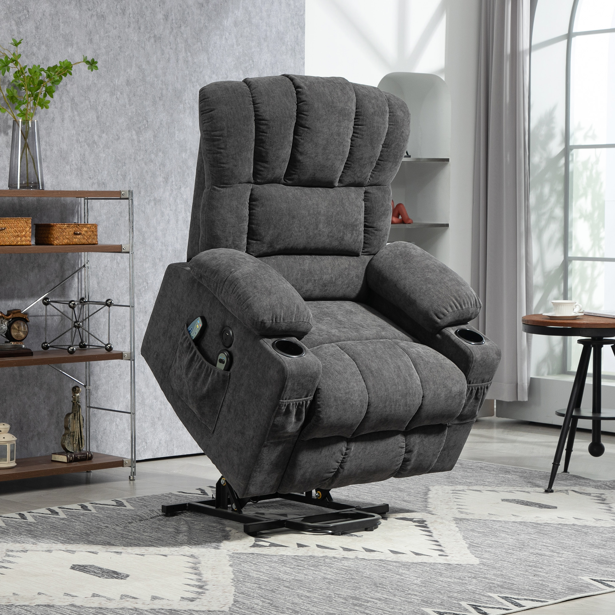 HOMCOM Elektrischer Power Lift Aufsteh-Sessel mit Massage- und Wärmefunktion, USB-Anschlüssen, Becherhaltern, Dunkelgrau