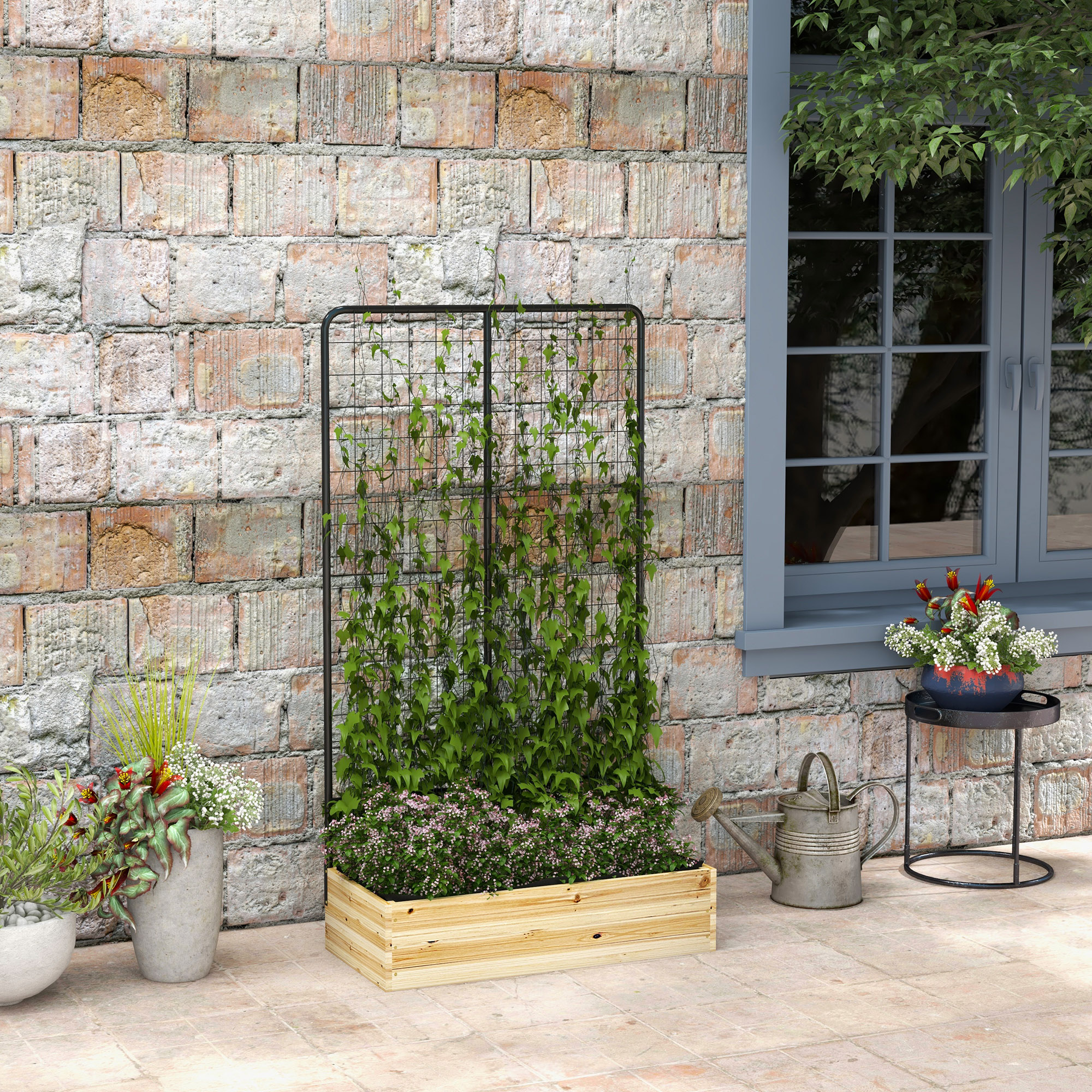 Outsunny Hochbeet mit Rankgitter, Innenfutter aus Vlies, Naturholz, Stahl, 80x38x145 cm, Schwarz