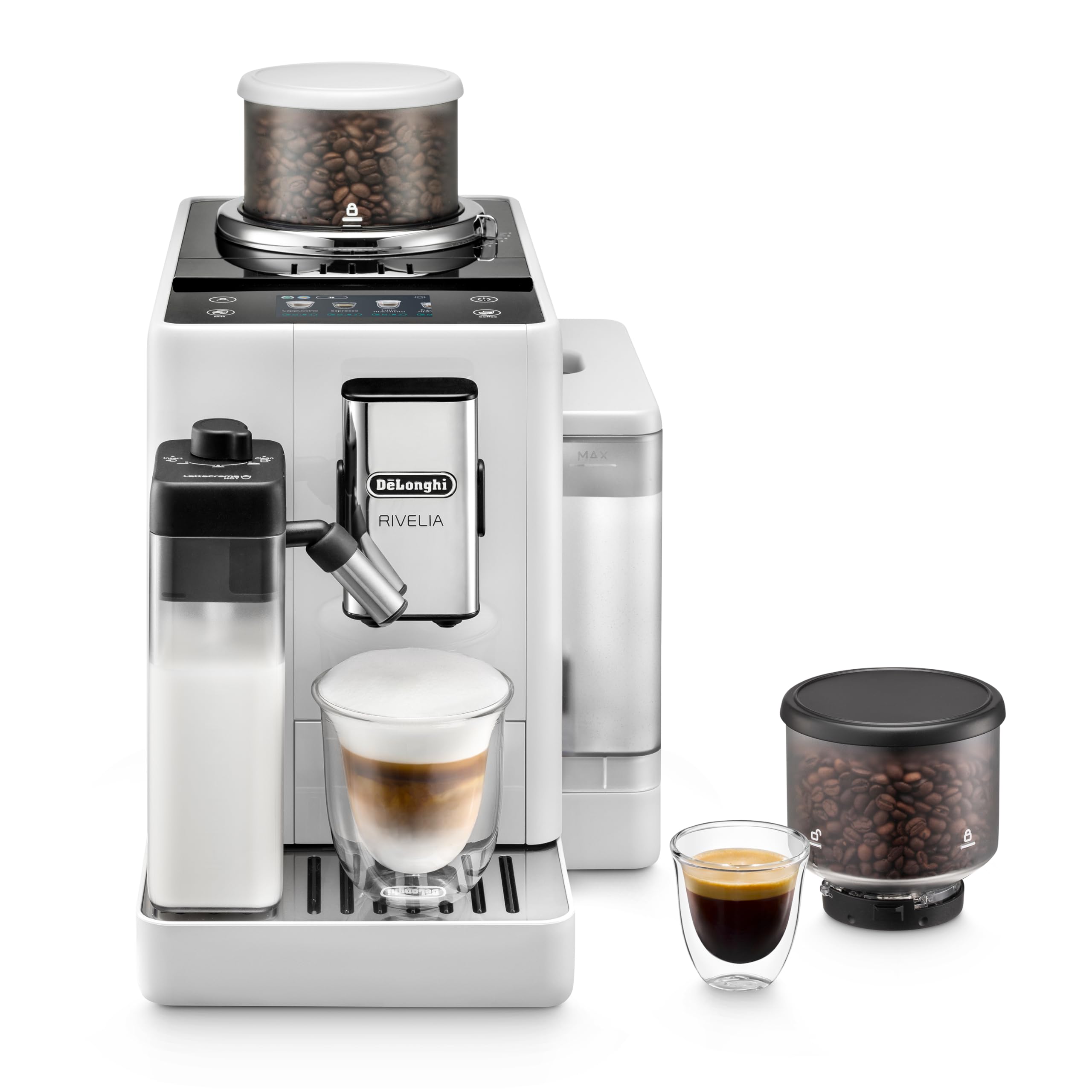 Kaffeevollautomat Rivelia 16 Getränke 1,4 l 3,5-Zoll-Touchdisplay austauschbare Bohnenbehälter LatteCrema Milchsystem Weiß