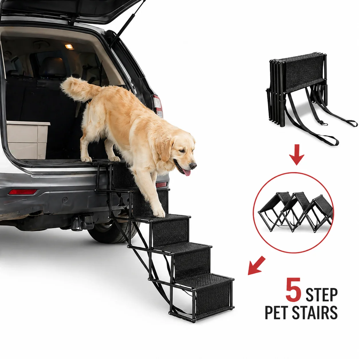 Foldable 5-Step Dog Car Stairs �C Non-Slip, Lightweight & 150 lbs Capacity