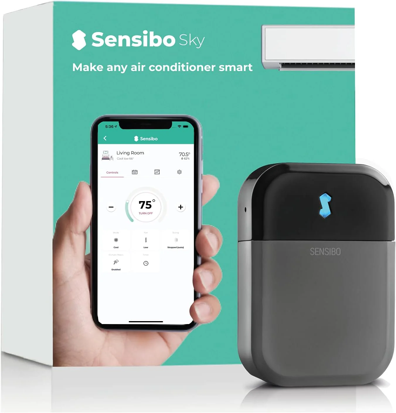 Sensibo Sky, draadloze bediening voor airconditioners. Snelle & eenvoudige doe-het-zelfinstallatie. Comfort dankzij energiezuinige thermostaat-app. Compatibel met Google, Alexa & Siri