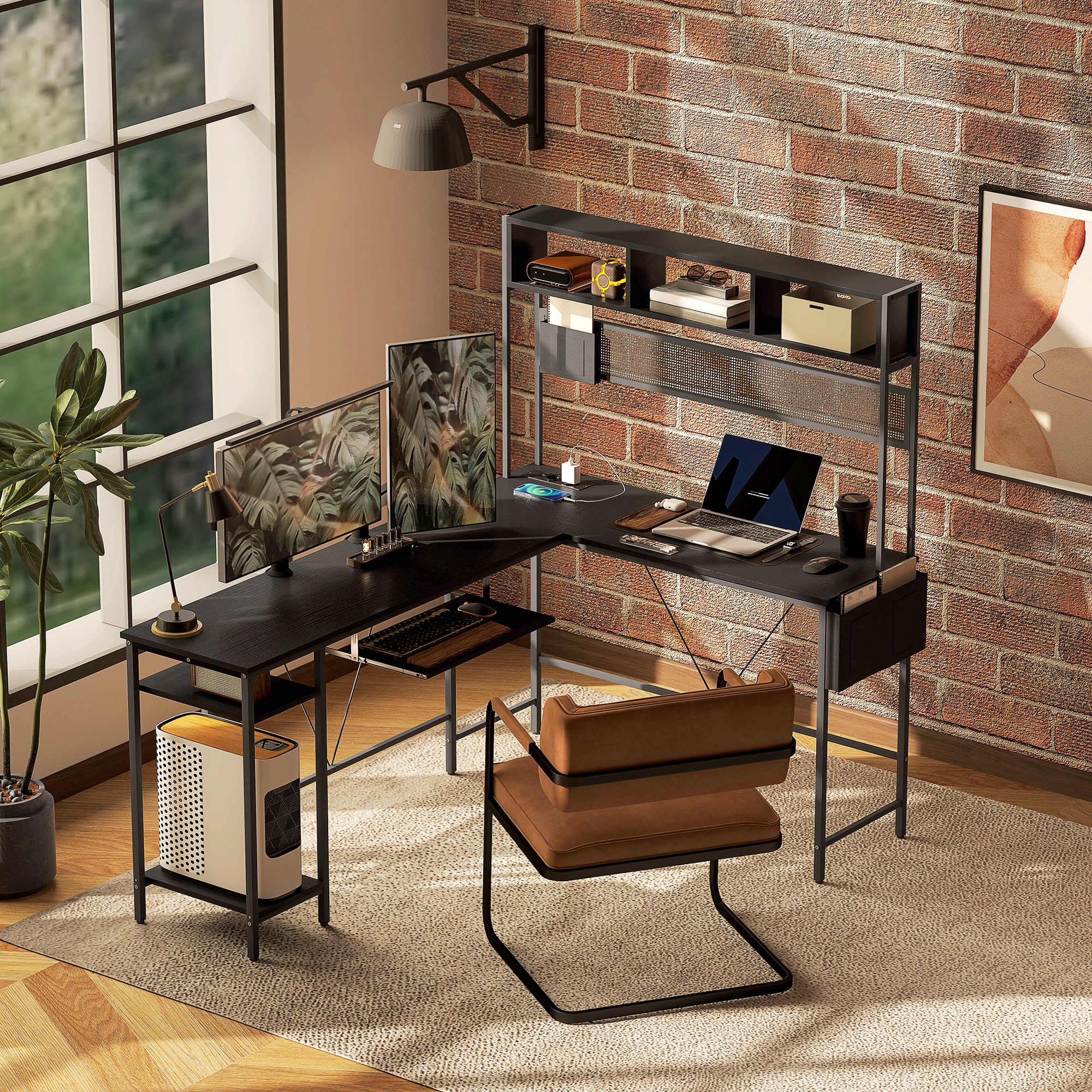 HOMCOM Modularer Schreibtisch, Eckschreibtisch mit Steckdose und USB-Anschluss, Industriestil Aufbewahrungsregale und Tastaturablage, Schwarz