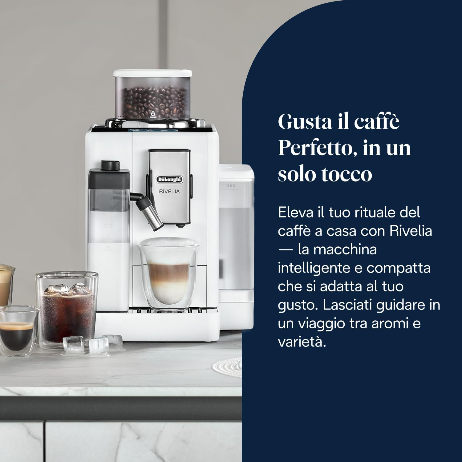 De'Longhi Rivelia – Perfetto Macchina da Caffè Automatica, LatteCrema Montalatte Automatico, 16 Bevande in un Solo Tocco, Display Touch a Colori, Contenitori Intercambiabili, Bianco (EXAM440.55.W)