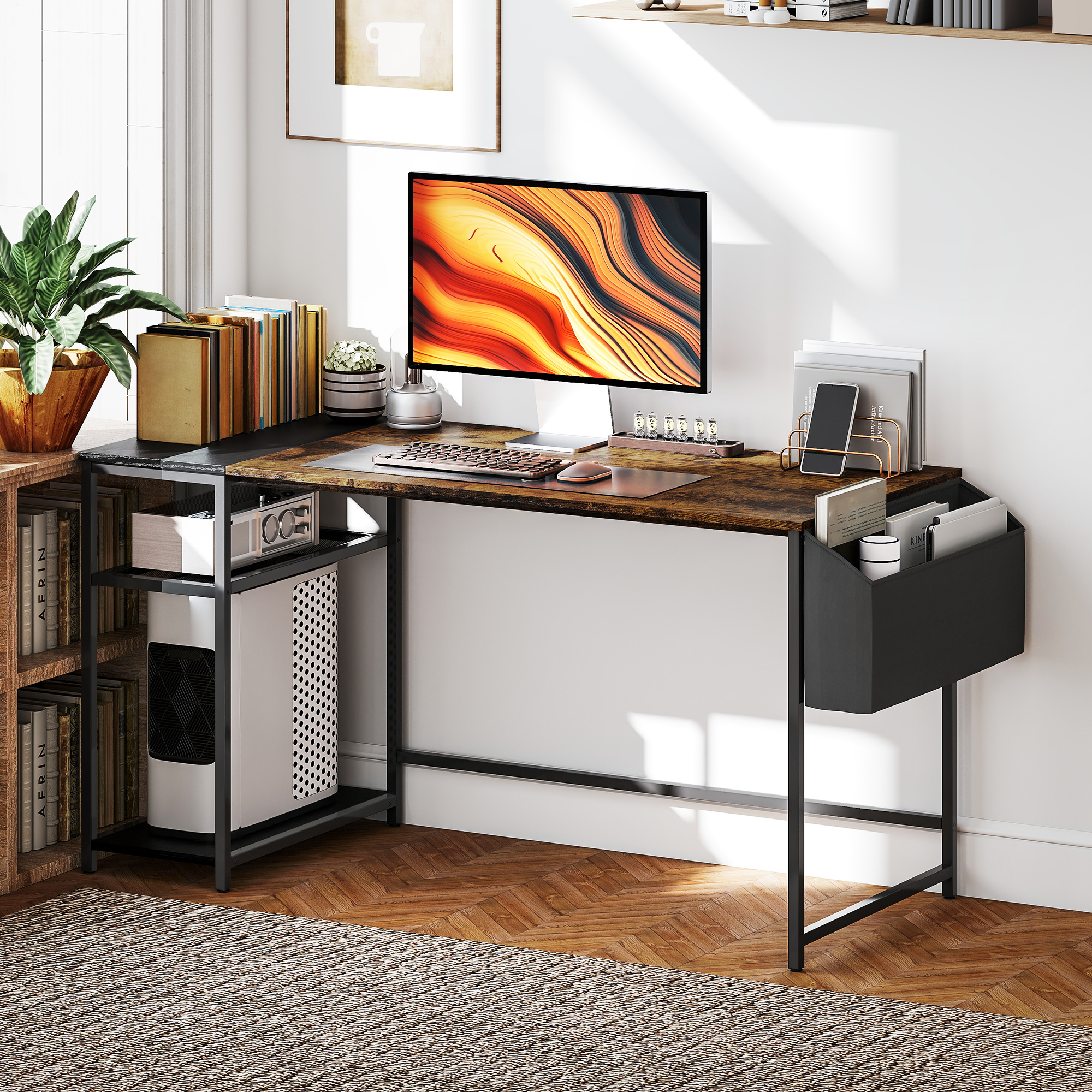 HOMCOM Computertisch 150 x 60 cm mit umkehrbaren Regalen und Stofftasche, für kleine Räume, Braun