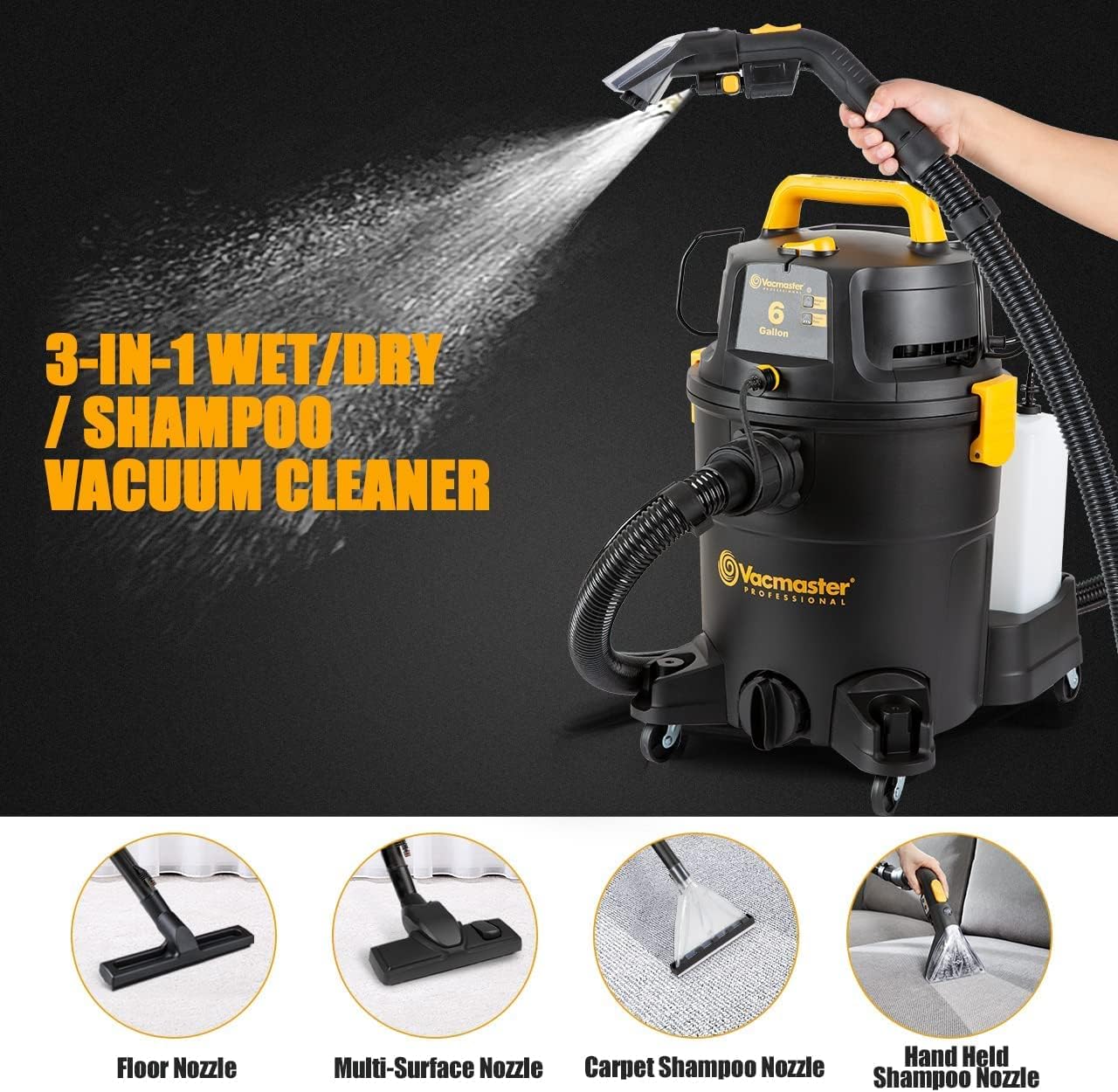 Vacmaster VK1323PFR 1300W 23L 3-in-1 Aspirapolvere Aspira, Lava & Asciuga, Pulisce Pavimenti & Tappeti,Aspirapolvere a bidone e a traino