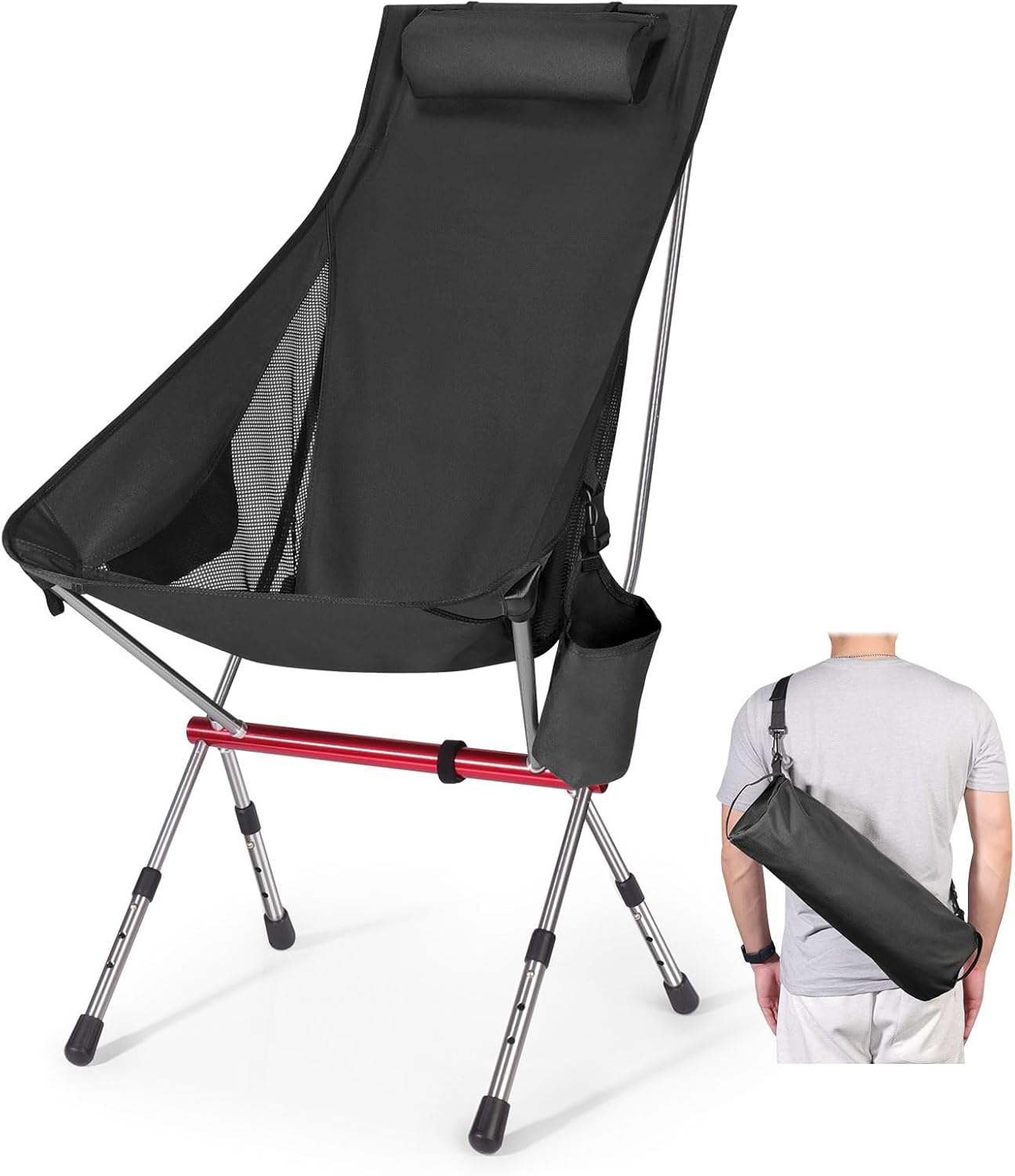 OKYUK Nuova sedia da campeggio pieghevole con schienale alto, tre altezze regolabili, borsa da trasporto leggera e custodia per tazza,Ideale per escursioni, relax in spiaggia e pesca (Nero)