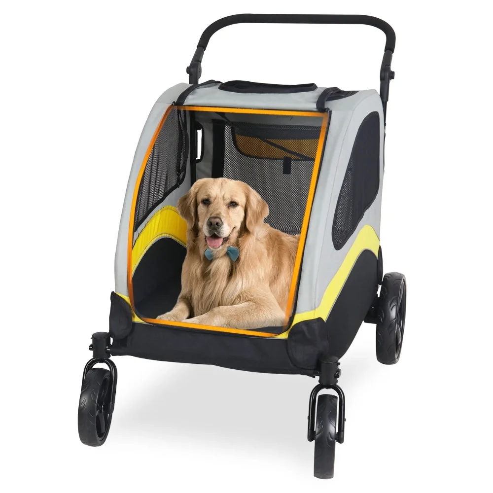 Large Dog Stroller �C 4 Wheels, Panoramic Mesh View & Safety Collar Hook