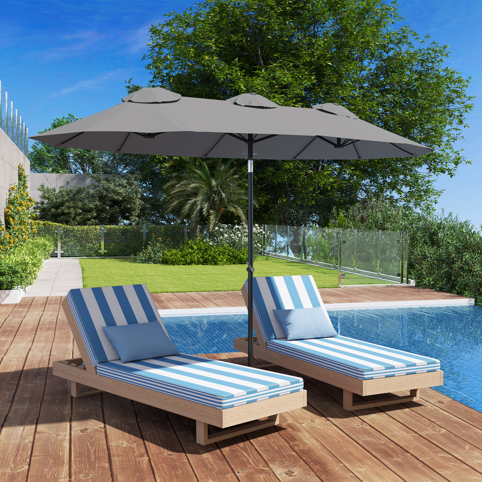 Outsunny Sonnenschirm, Gartenschirm, neigbar, mit Handkurbel, Winddach, Polyester+Stahl, grau, 295 x 152cm