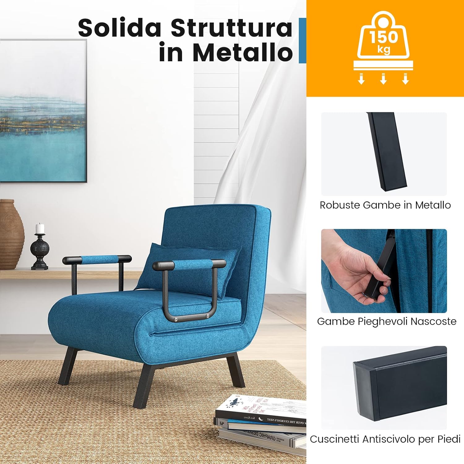 COSTWAY Poltrona Letto, 4 in 1 Poltroncina Pieghevole con Schienale Regolabile in 6 Posizioni, Sedile Imbottito Robusto, Divano Letto Singolo per Casa Ufficio, 79x65x79 cm (Blu)
