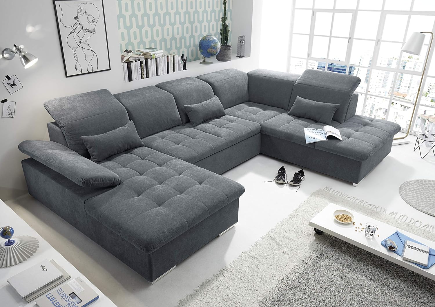 Stella Trading WAYNE Wohnlandschaft in U-Form, Stoffbezug Anthrazit - Ausziehbares Sofa mit Schlaffunktion  und  Bettkasten - 340 x 81 (104) x 188 (240) cm (B/H/T)