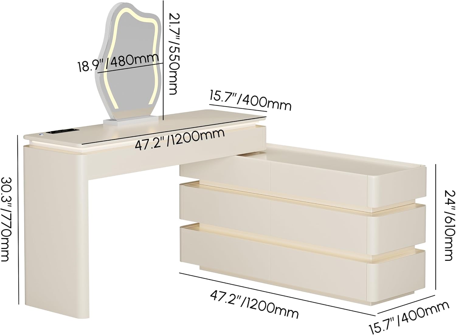 Homary Schminktisch mit Beleuchtung, Modern Schminktisch mit Ausziehbarem Design, Dimmbarer LED-Beleuchtung und Integrierter Ladestation für Ihre Beauty-Tools