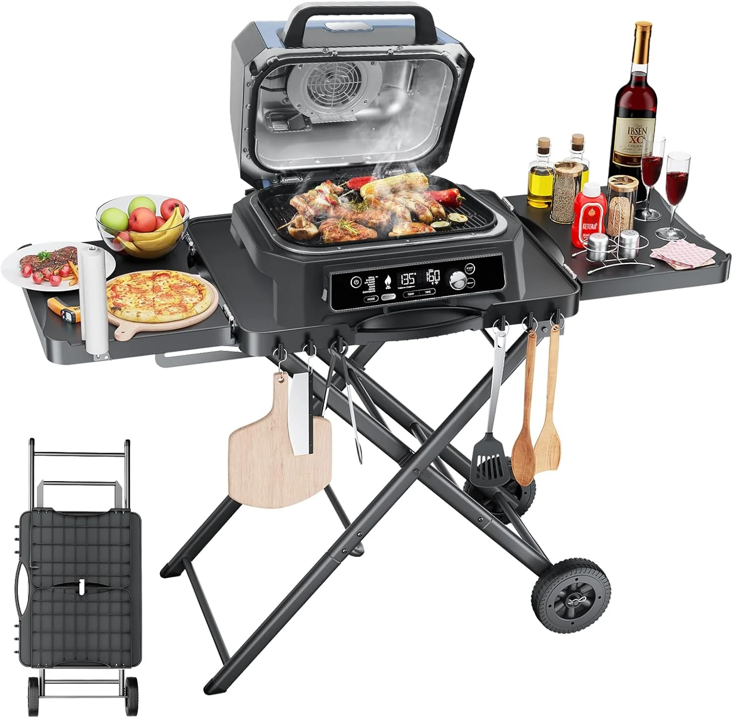 Portable Grill Cart for Outdoor Grills   Large Space Collapsible Stand with Side Shelf