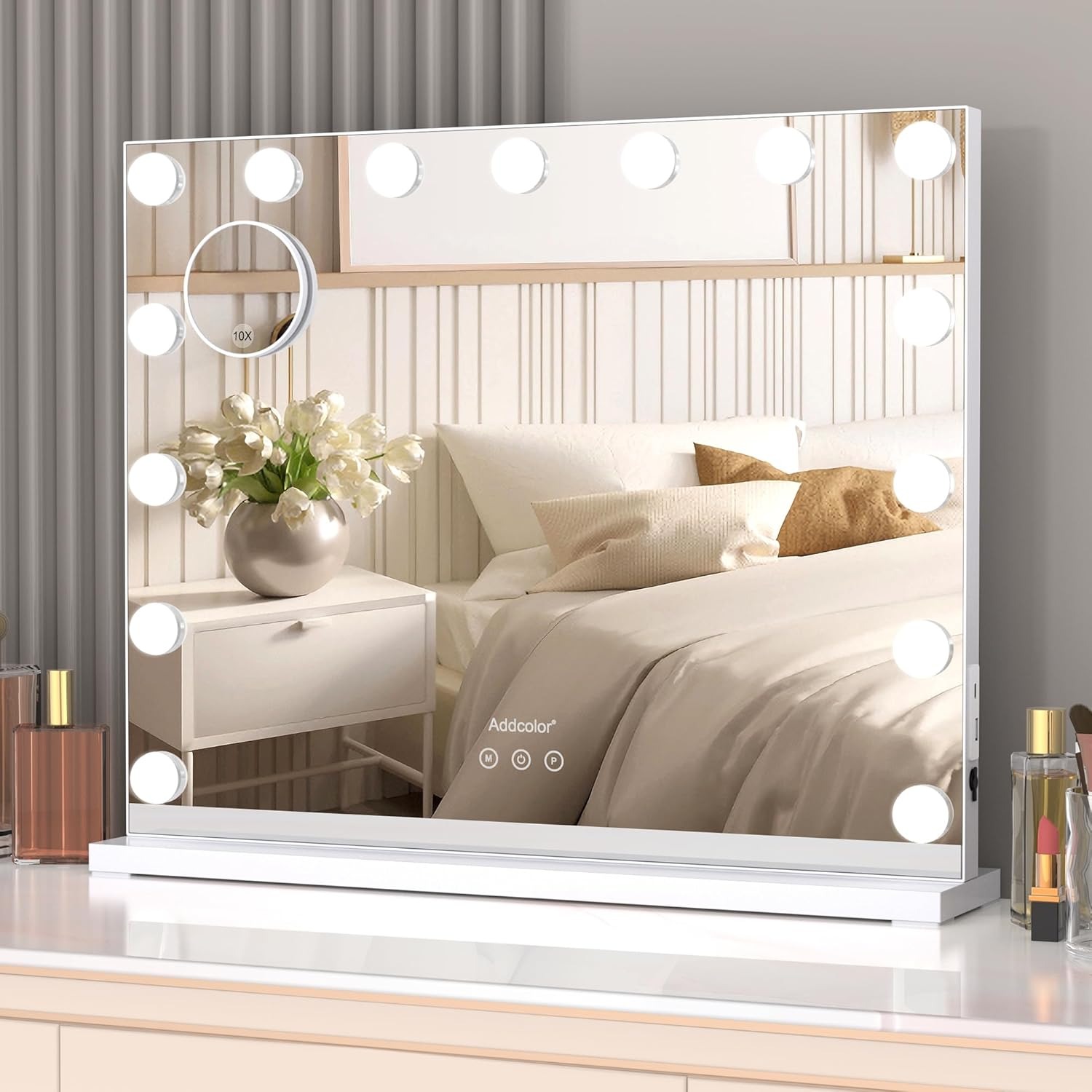 ADDCOLOR Hollywood Specchio Trucco con Luci, Specchio da Tavolo con 15 LED Lampadine e Porta di Ricarica USB, 3 Modalità di Illuminazione Regolabili Specchio da Parete con 10X Specchio (58*2,8*46CM) [Classe di efficienza energetica F]