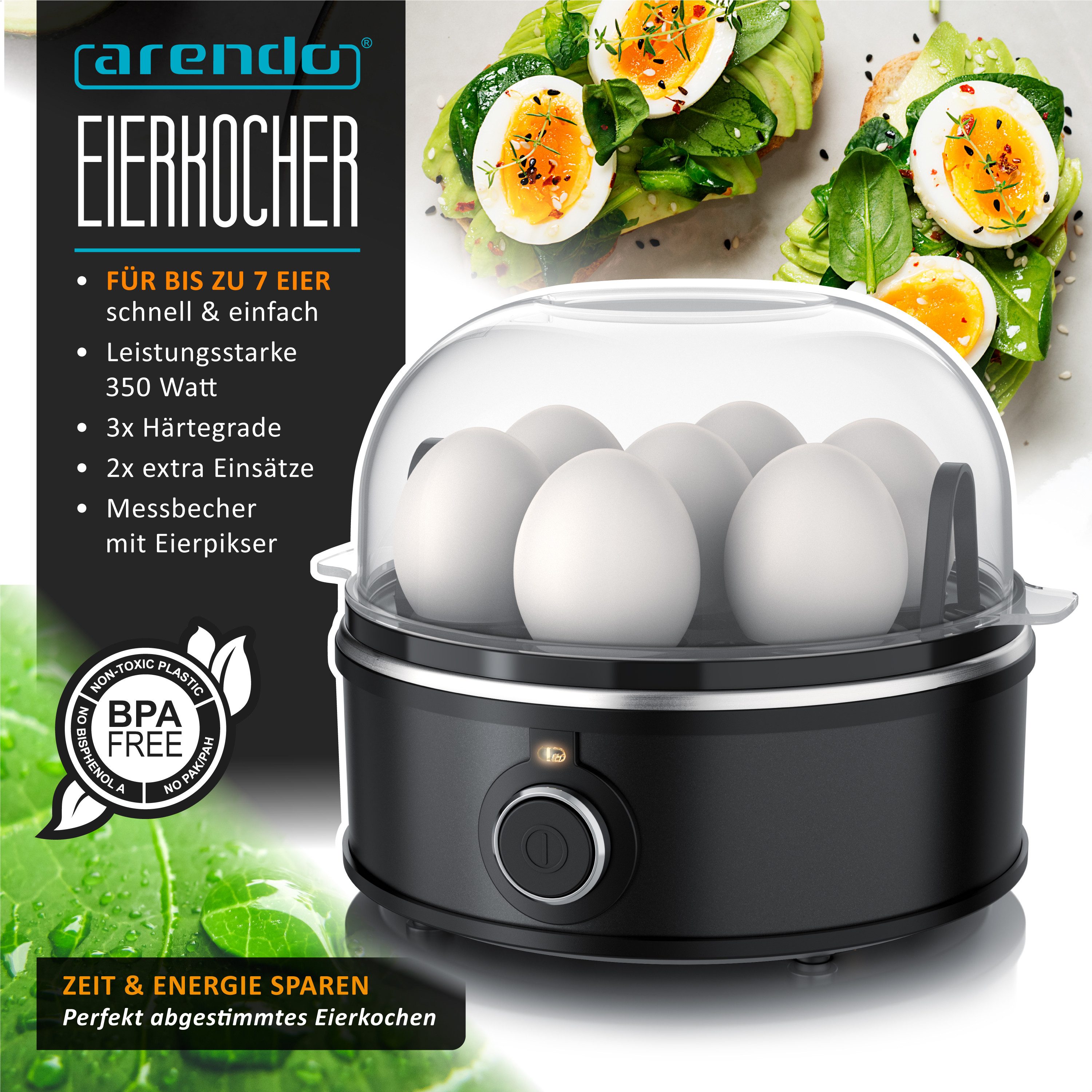 Eierkocher für 1–7 Eier, Edelstahl, 3 Härtegrade, mit Warmhaltefunktion, 7-Fach