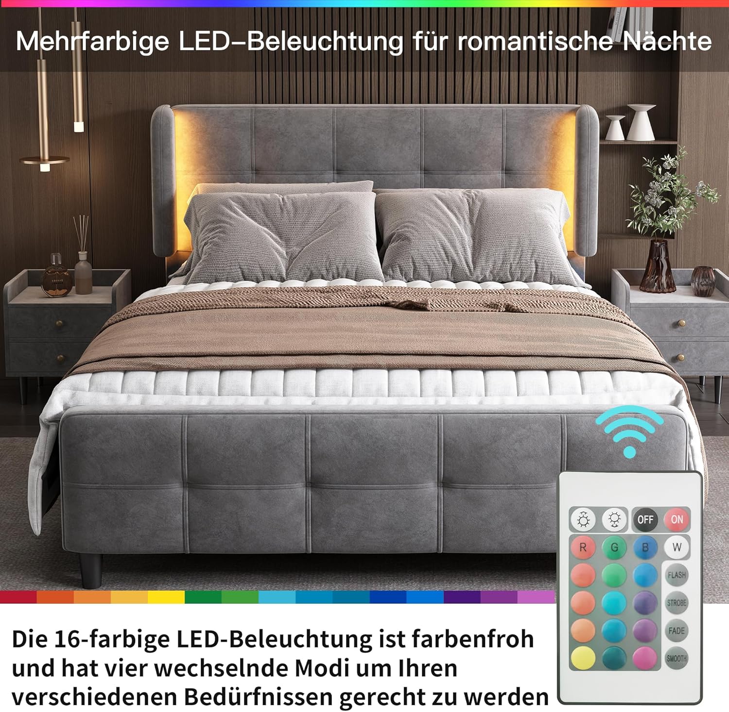 Soweiz Modern Padded Full Bedroom Set 1 Bedside Table + Stool Double Bed Side Ears Bedside Table Velvet Grey (140 x 200cm)
